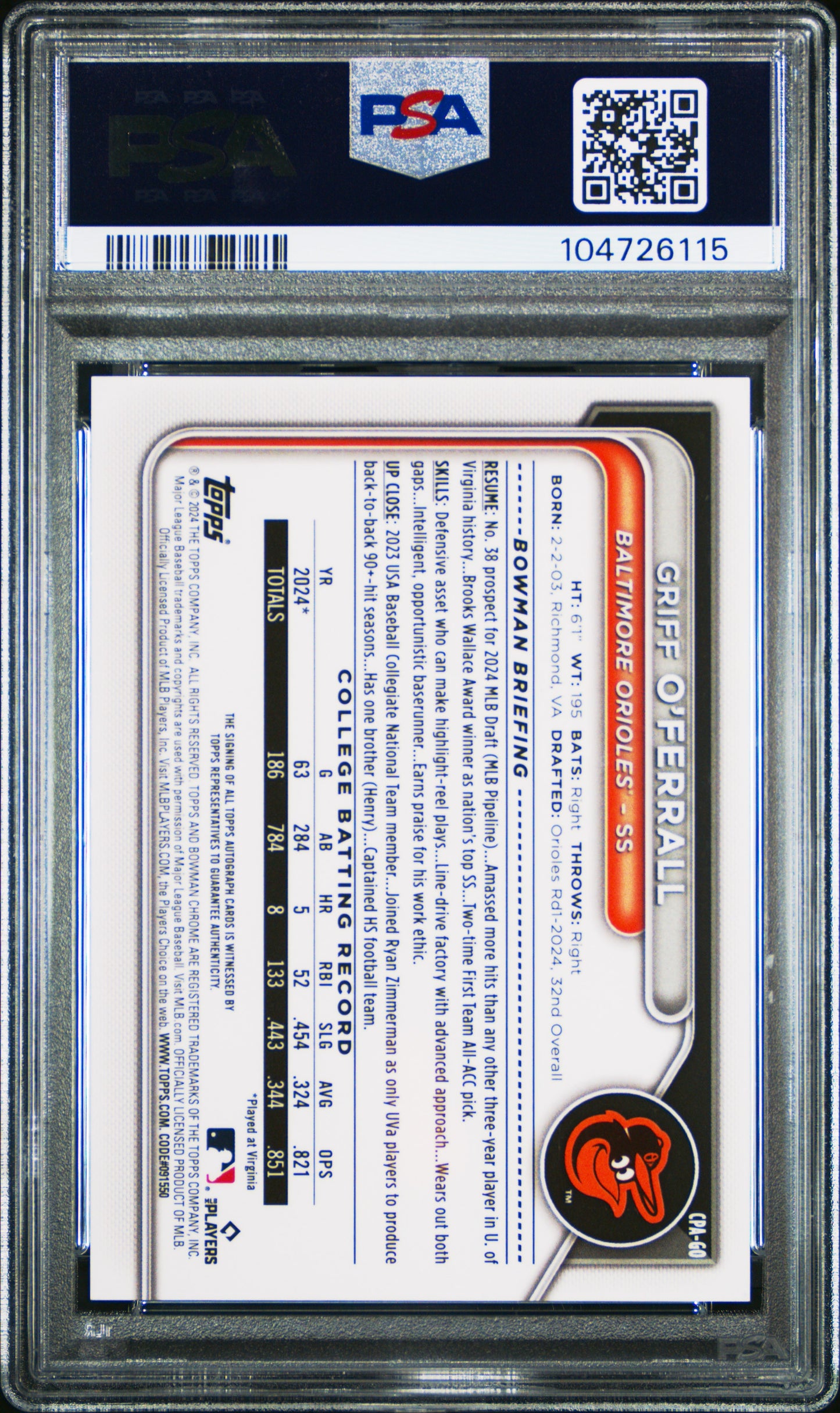 2024 Bowman Draft Griff O'Ferrall Blue Refractor Auto 104/150 PSA 9