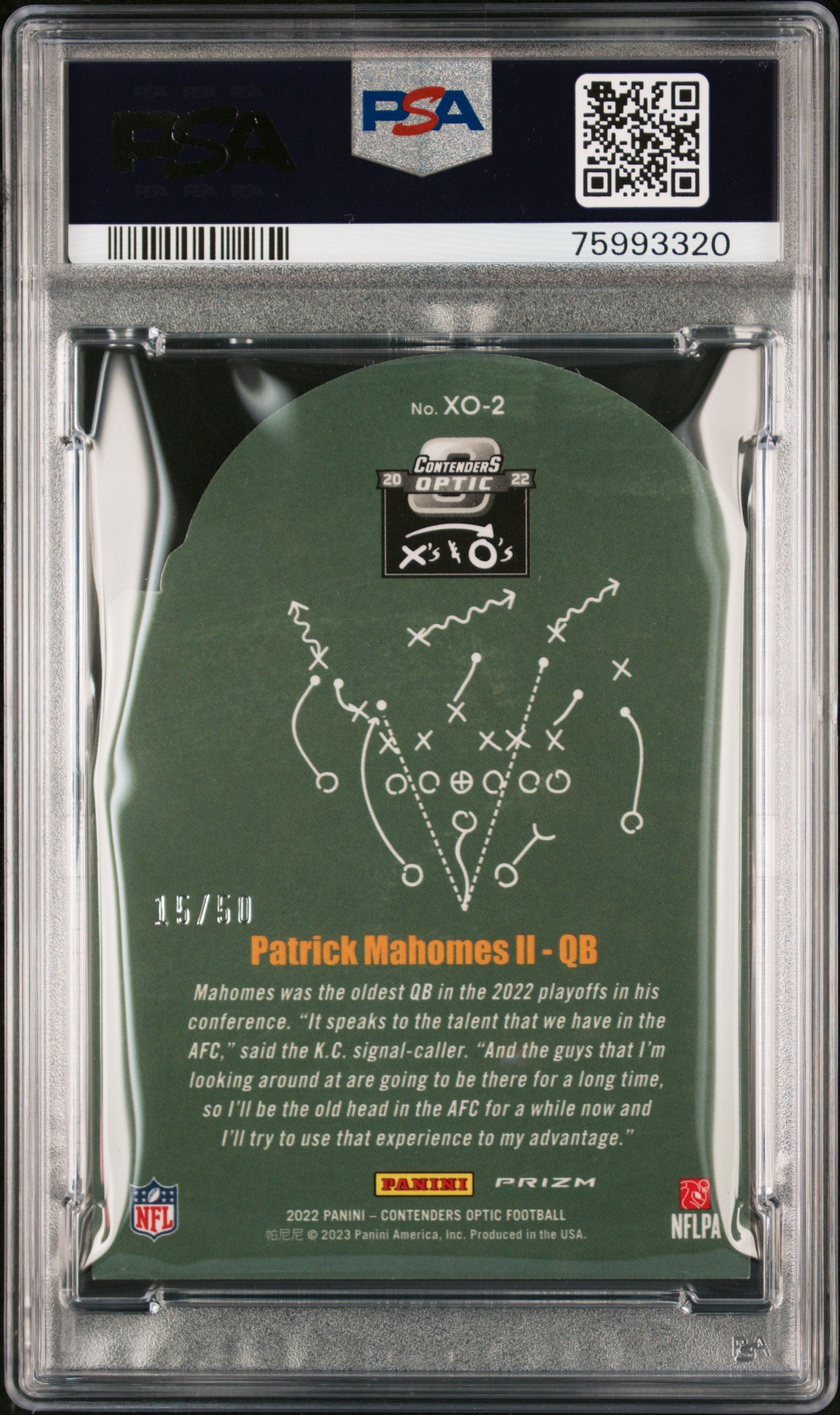 2022 Contenders Optic Patrick Mahomes X's & O's Orange 15/50 PSA 10 Jersey #