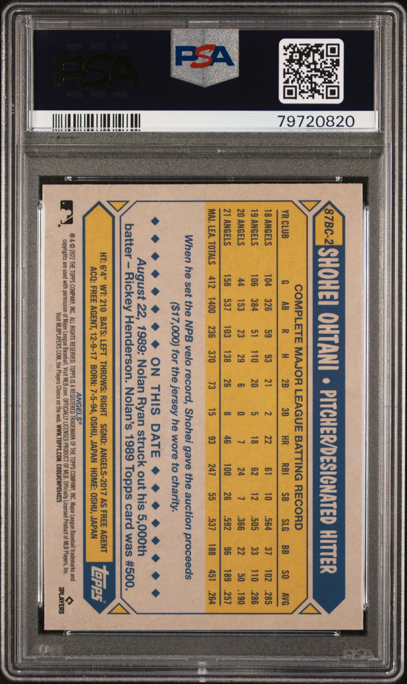 2022 Topps Chrome Shohei Ohtani #87BC-2 1987 Baseball PSA 10