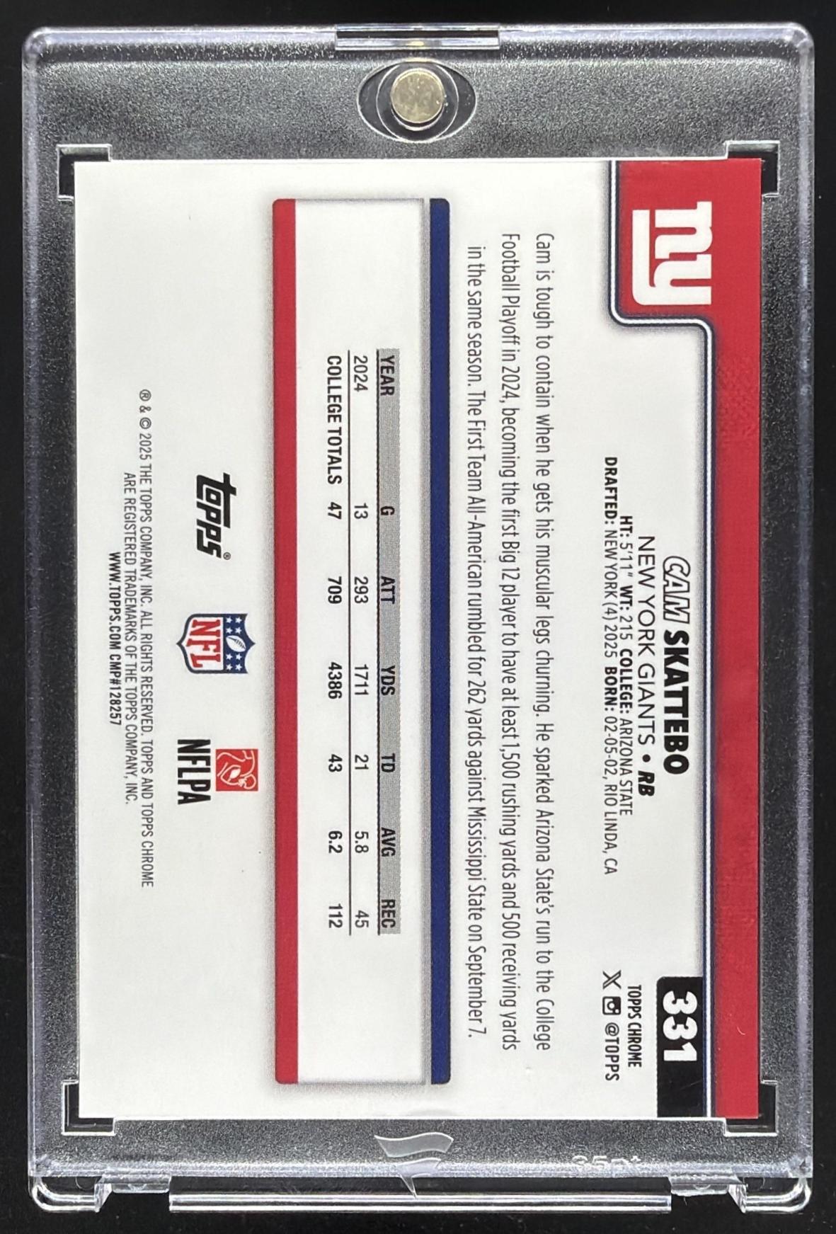 2025 Topps Chrome Cam Skattebo #331 Rookie True Gold Refractor 8/50 RC
