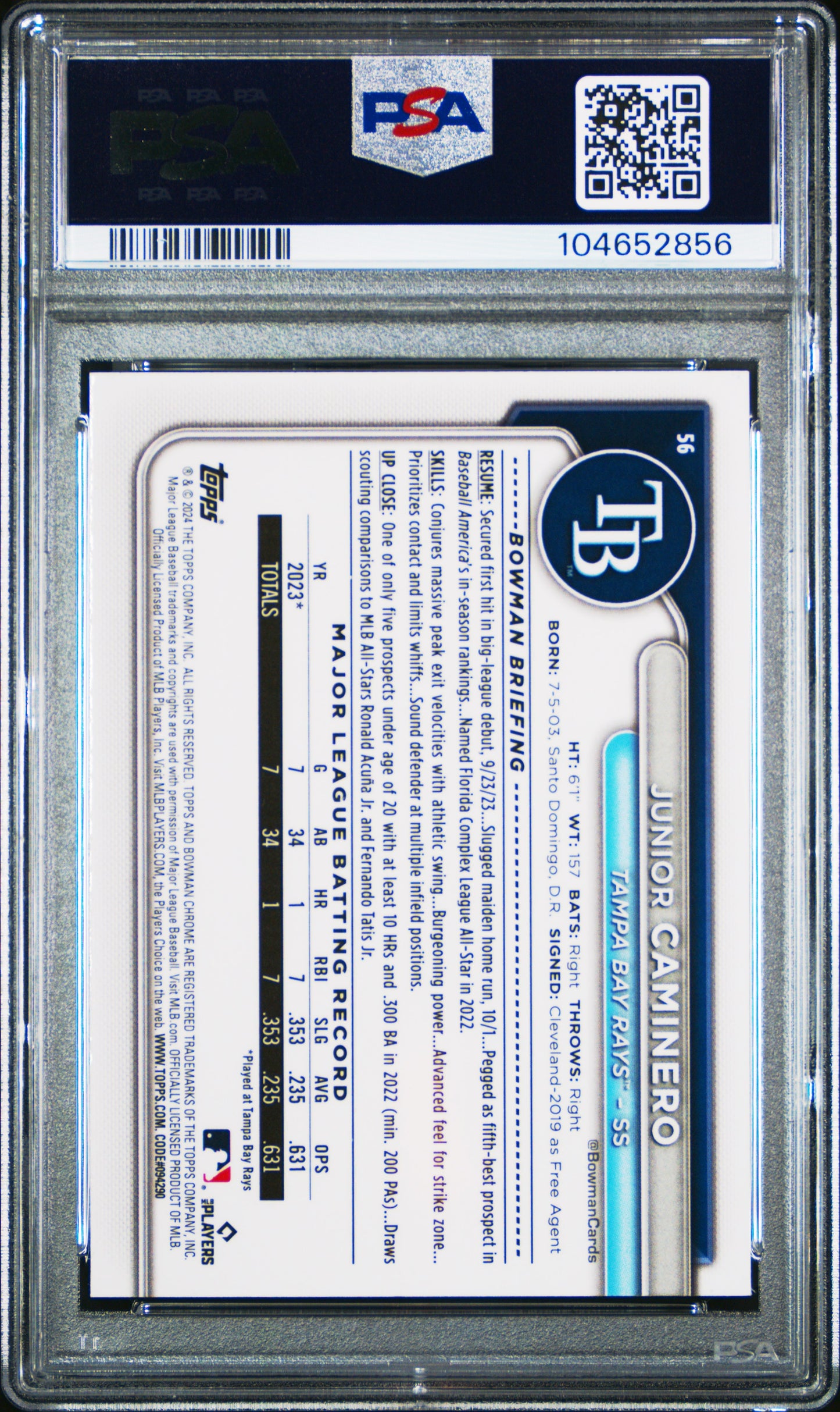 2024 Bowman Chrome Junior Caminero Mega Box Aqua Refractor 105/299 PSA 10 RC