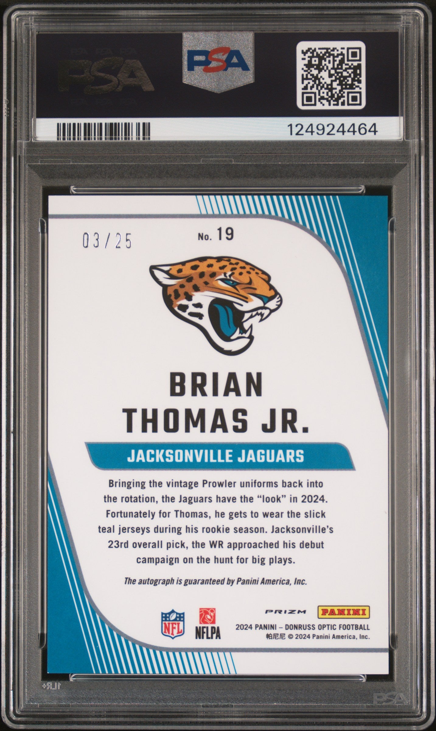 2024 Optic Brian Thomas Jr Primary Colors Purple Stars Rookie Auto /25 PSA 9