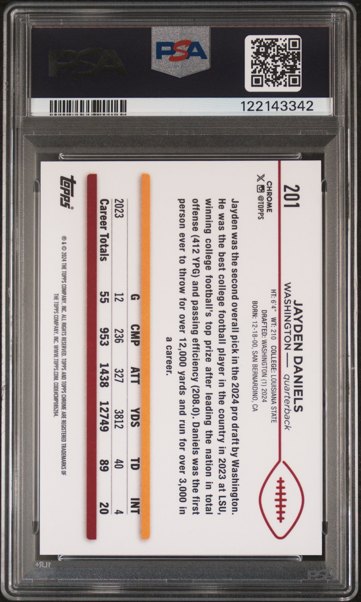 2024 Topps Chrome Sapphire Edition Jayden Daniels #201 Purple /10 RC PSA 9