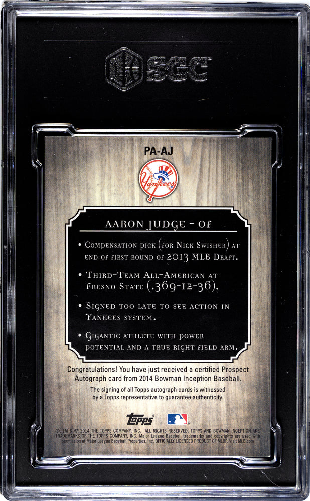 2014 Bowman Inception AAron Judge Rookie Auto /25 SGC 9/10