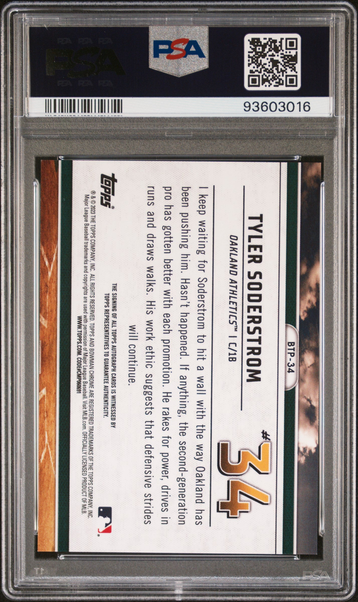 2023 Bowman Chrome Tyler Soderstrom Gold Auto /50 PSA 10