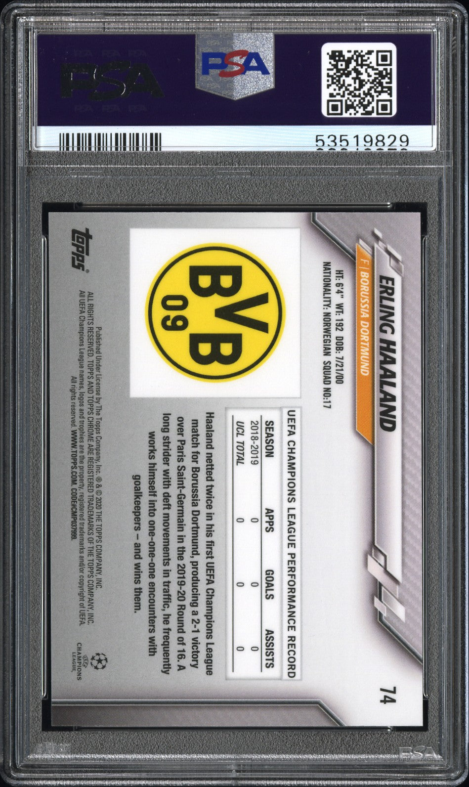 2019 Topps Chrome Erling Haaland Speckle Refractor PSA 10