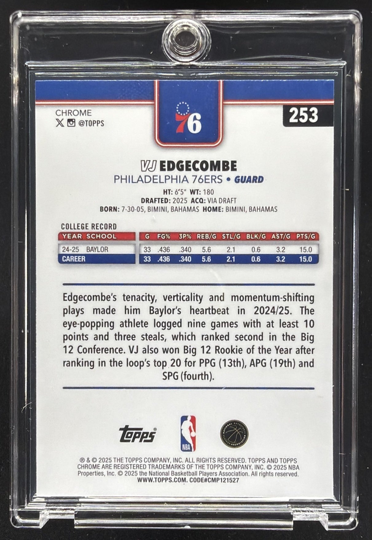 2025-26 Topps Chrome VJ Edgecombe #253 Negative Refractor RC