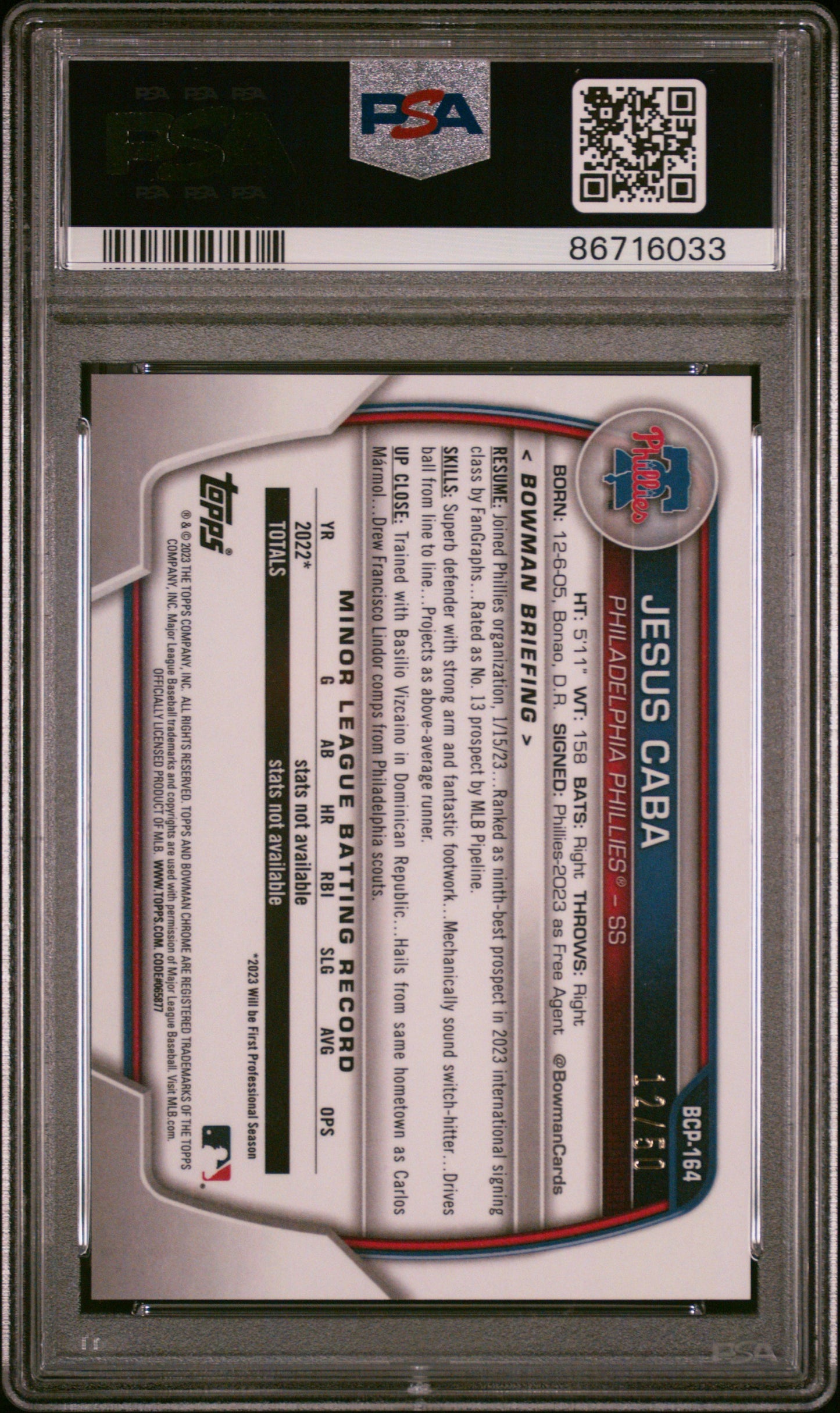 2023 Bowman Chrome Jesus Caba Gold Chrome /50 1st PSA 10