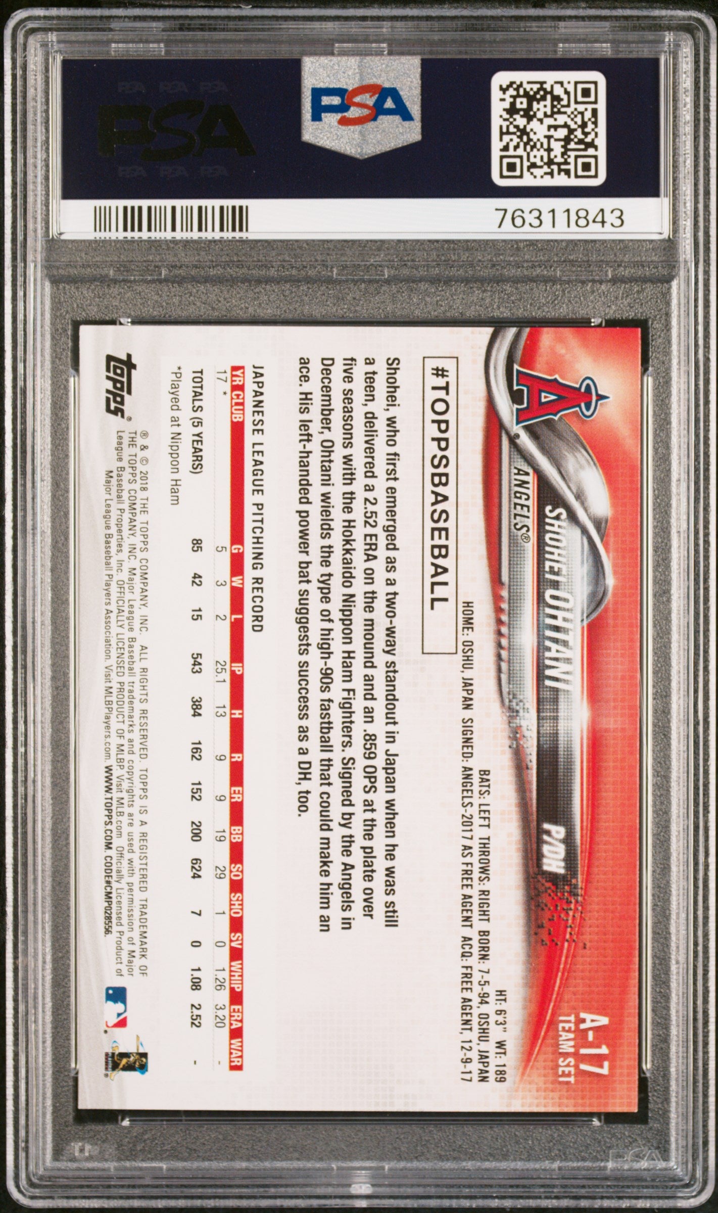2018 Topps Shohei Ohtani Team Set Rookie PSA 9