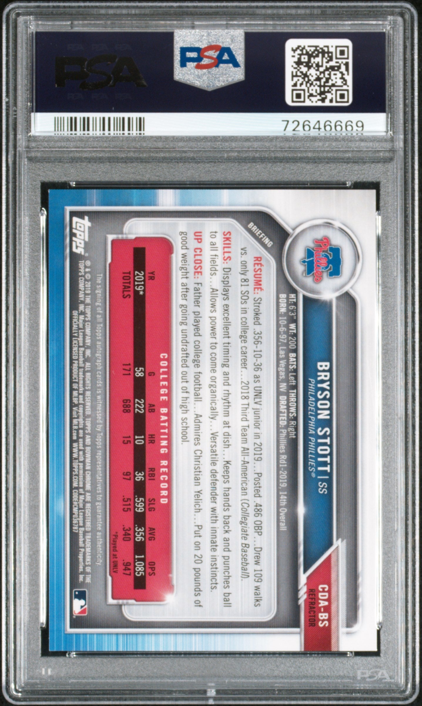 2019 Bowman Chrome Bryson Stott Rookie Auto /499 PSA 9
