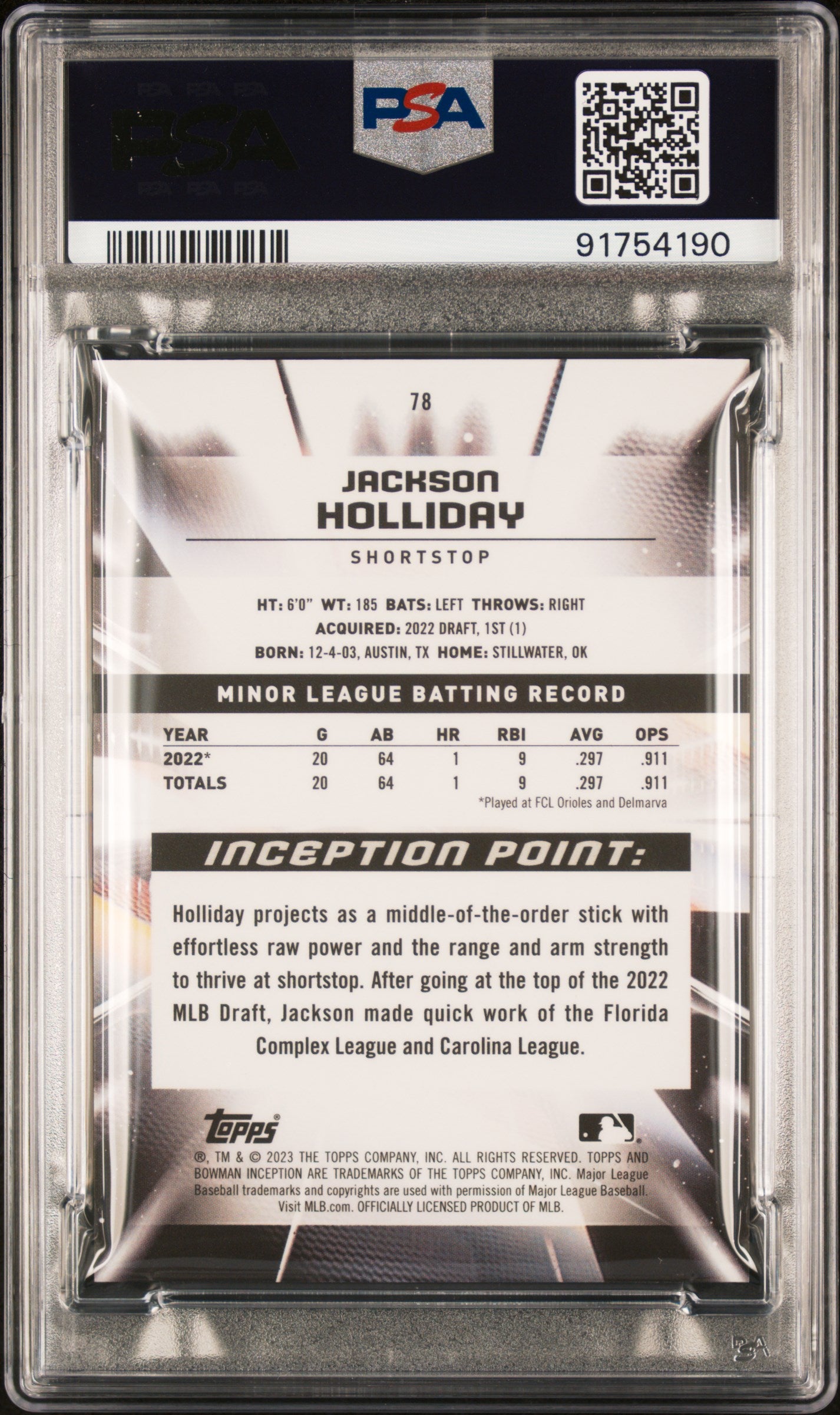 2023 Bowman Inception Jackson Holliday Gold Rookie /50 PSA 10