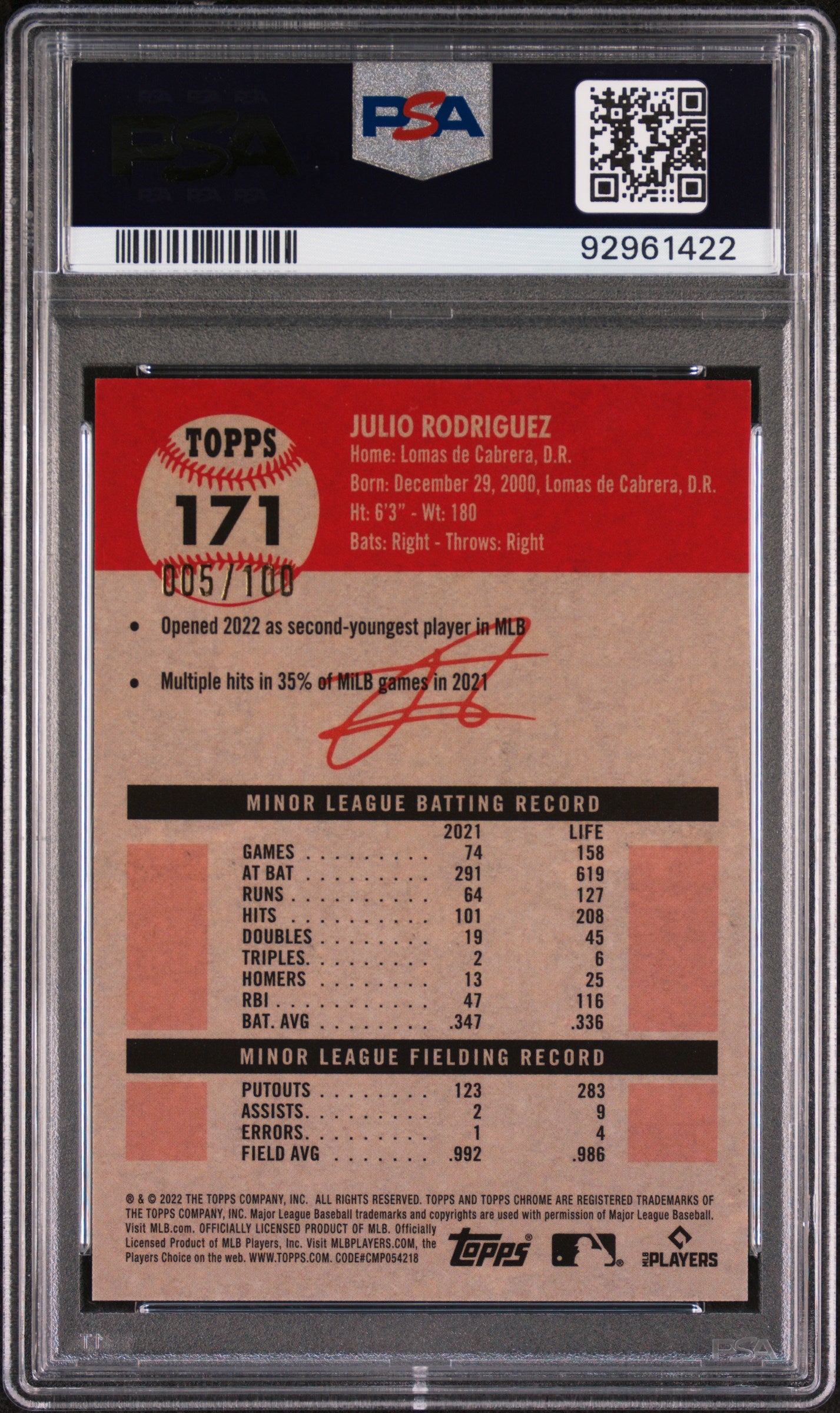 2022 Platinum Anniversary Julio Rodriguez Blue Atomic Refractor 005/100 PSA 9 RC