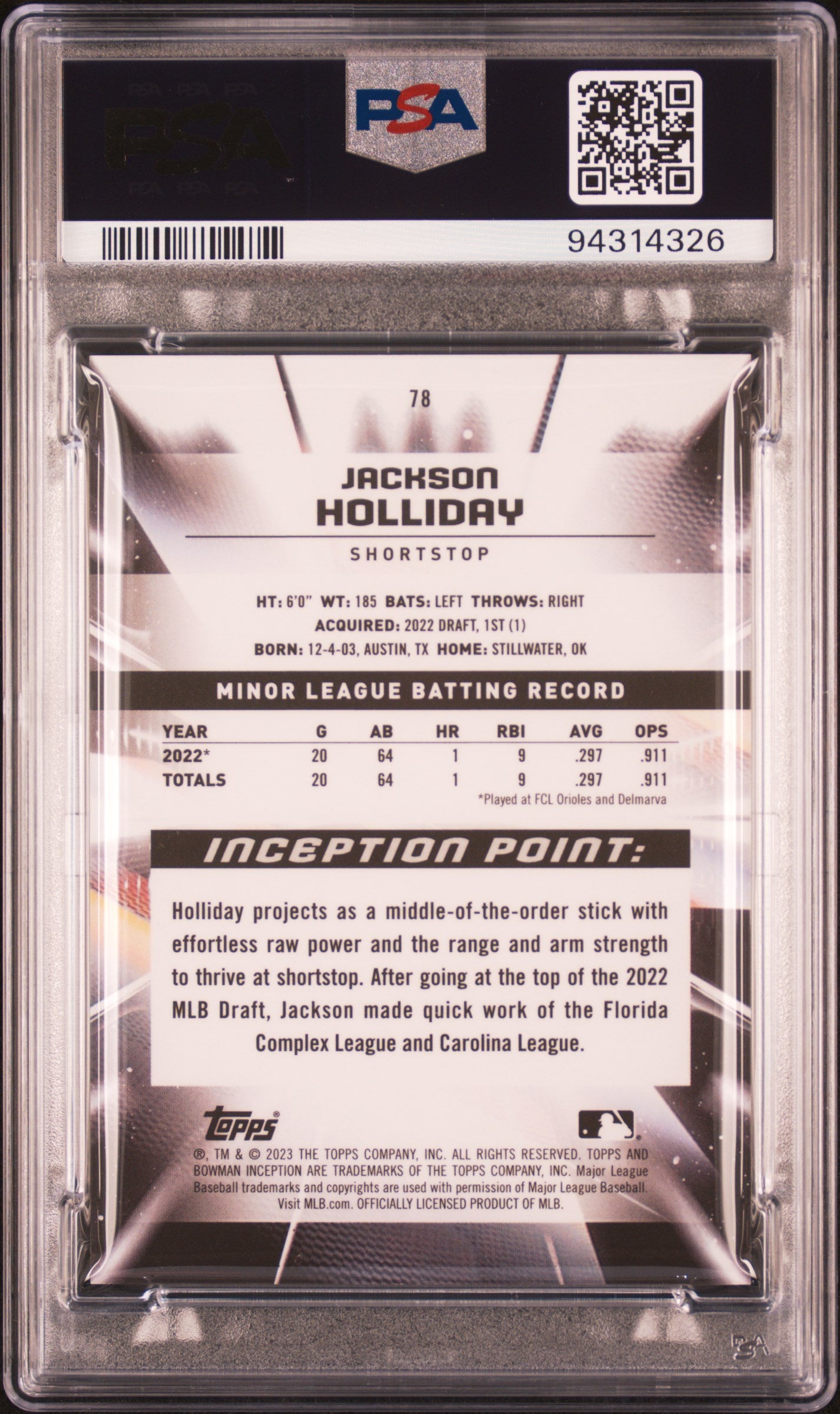 2023 Bowman Inception Jackson Holliday Blue Rookie /99 PSA 10