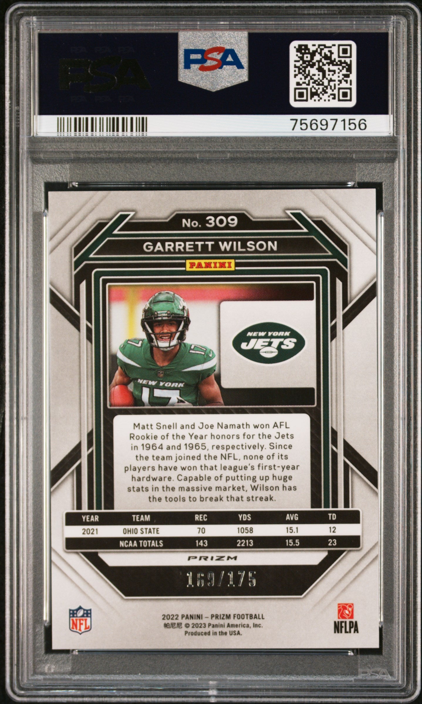 2022 Prizm Garrett Wilson Hyper Rookie /175 PSA 10