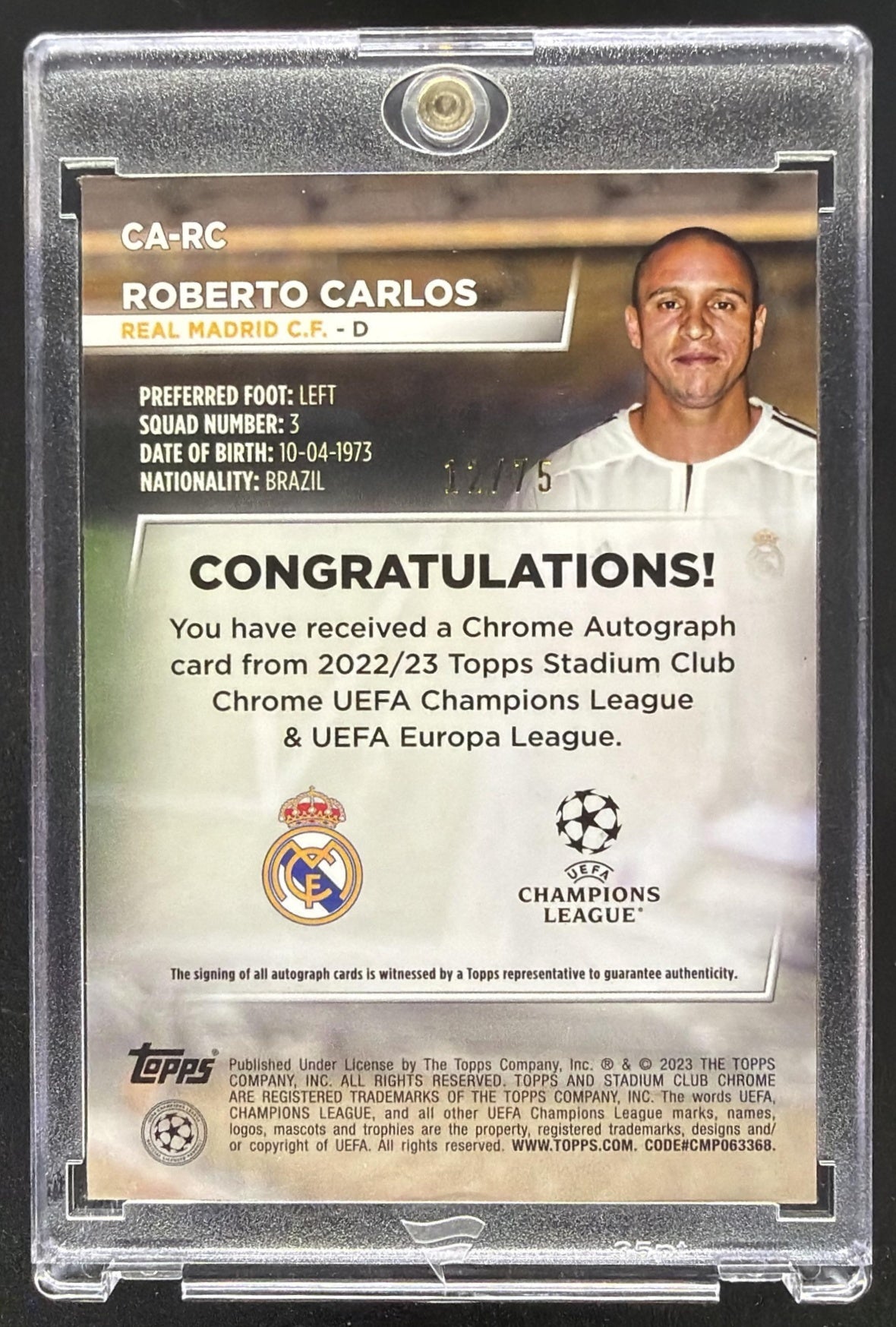 2023 Topps Stadium Club Chrome Roberto Carlos #166b Blue Wave Auto /75