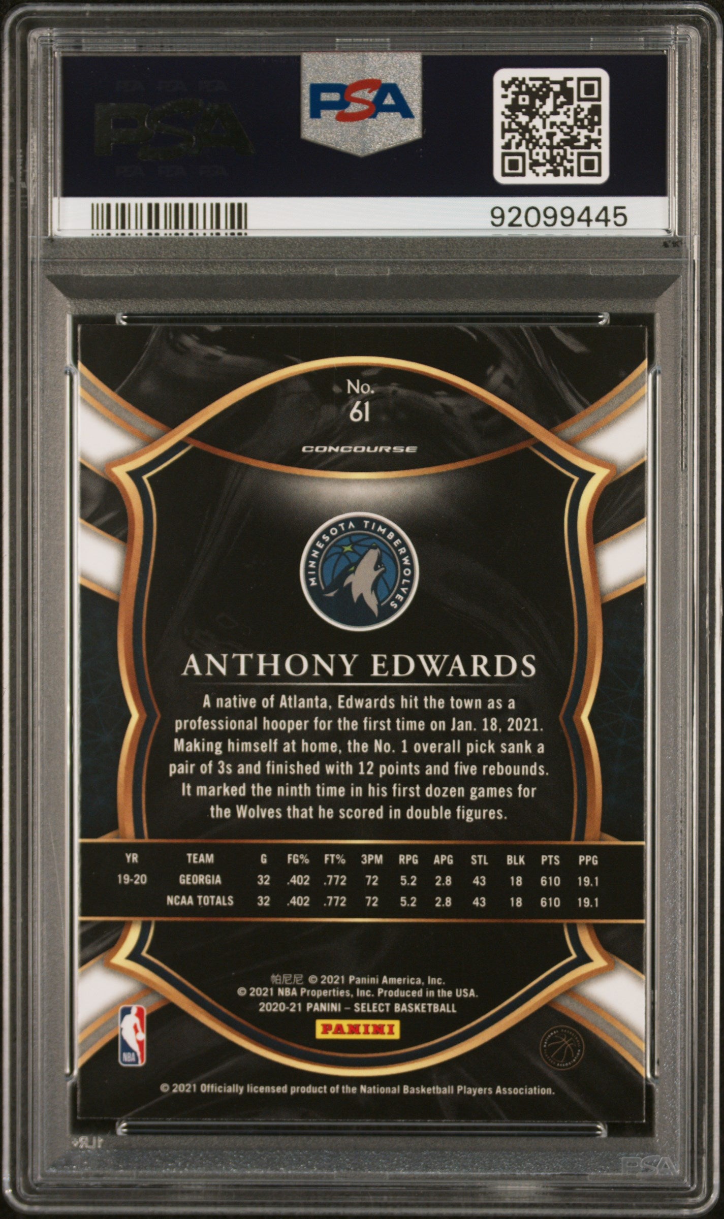 2020-21 Select Anthony Edwards Blue Retail Rookie PSA 10