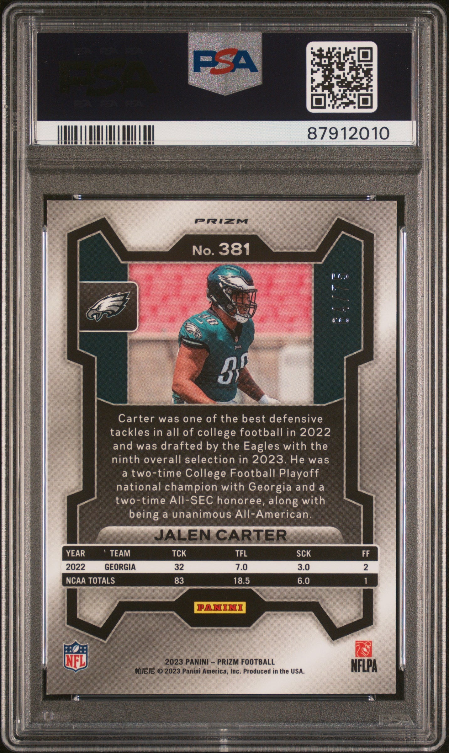 2023 Prizm Jalen Carter Green Scope Rookie /75 PSA 9