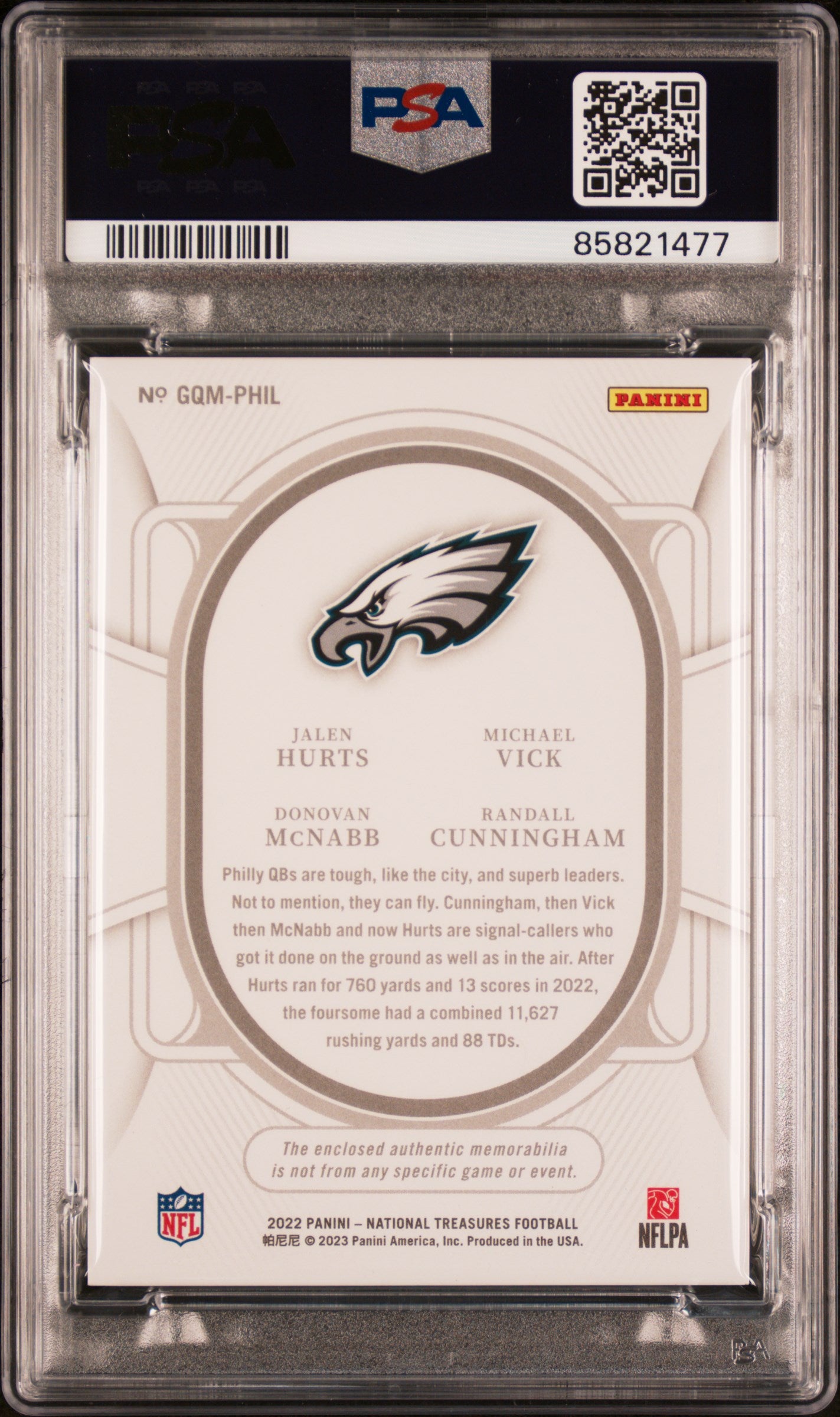 2022 National Treasures Hurts Vick McNabb Cunningham Quad Patch /25 PSA 8