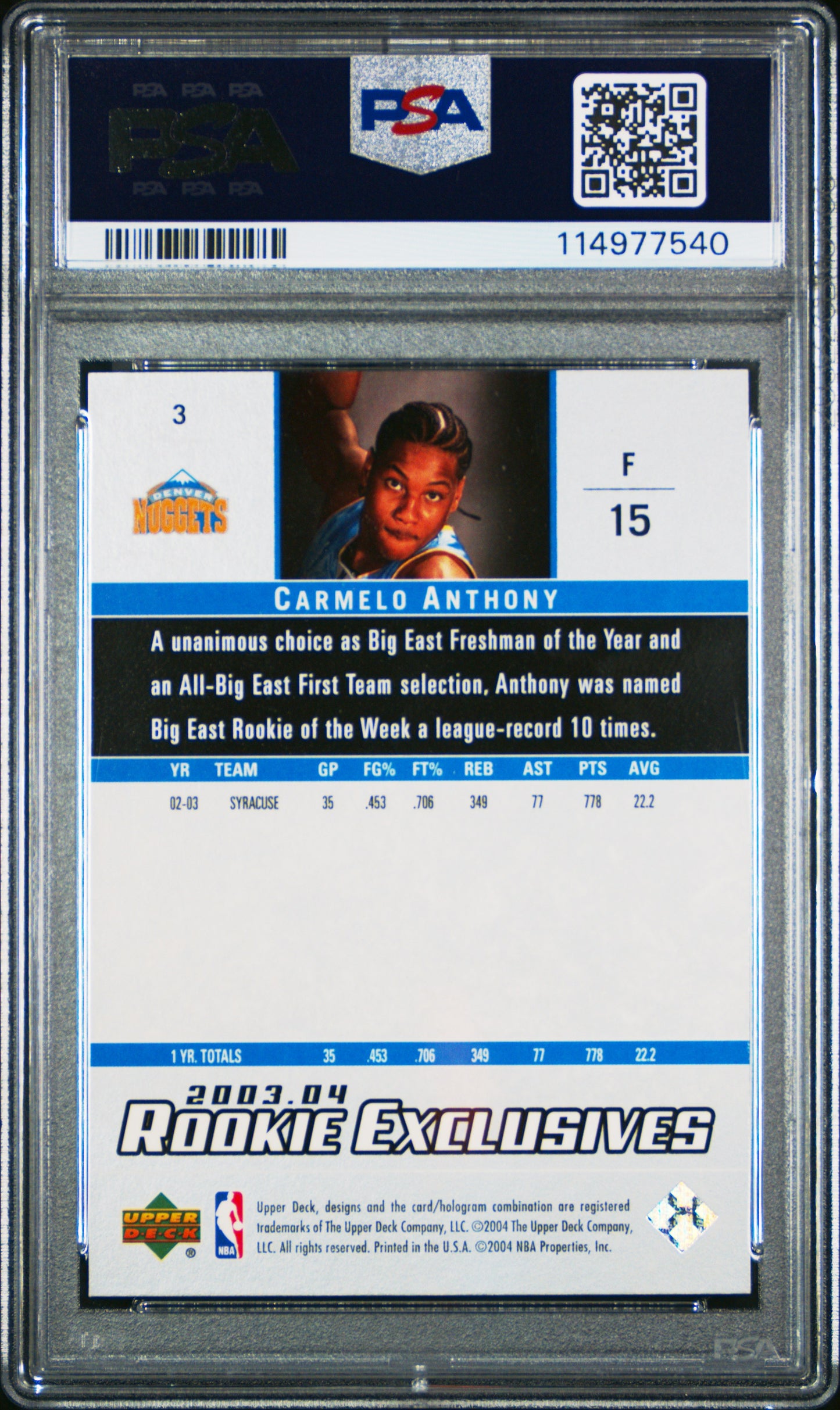 2003-04 Upper Deck Carmelo Anthony Rookie Exclusives PSA 10