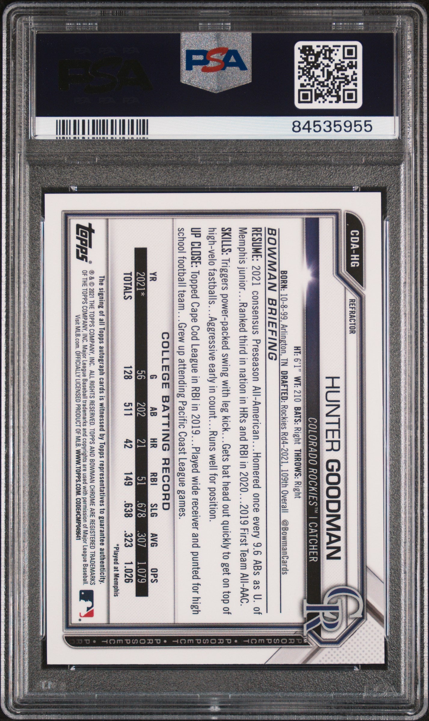 2021 Bowman Chrome Hunter Goodman Refractor Auto /499 PSA 10