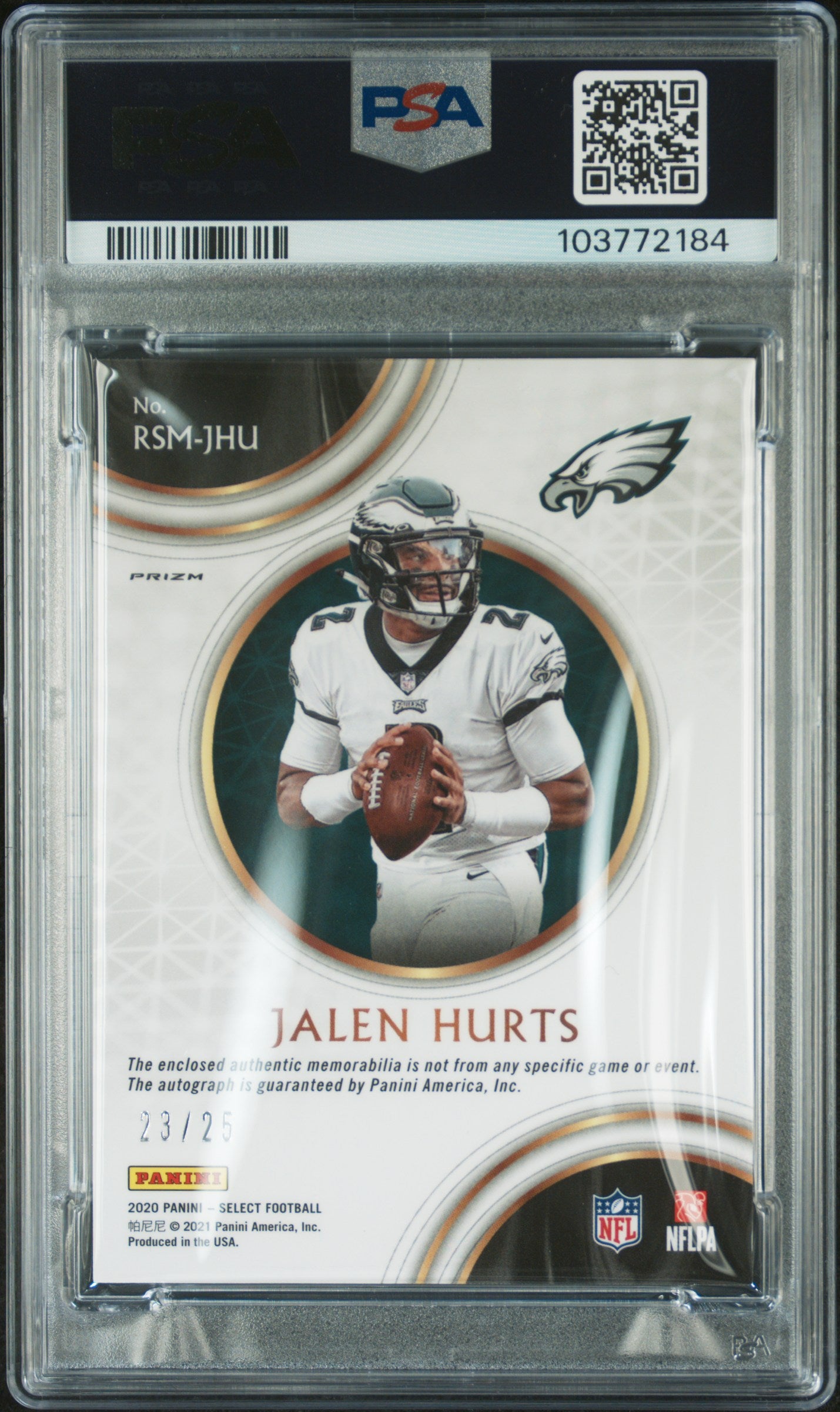 2020 Select Jalen Hurts Disco Rookie Patch Auto /25 PSA 8
