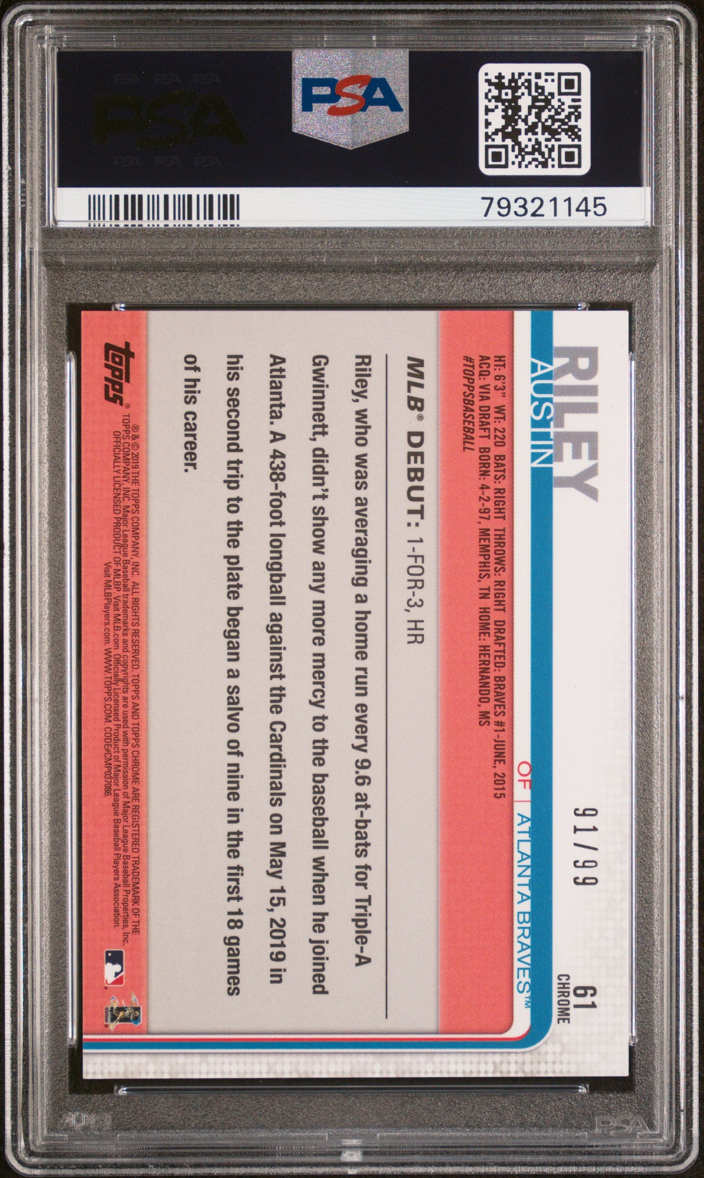 2019 Topps Chrome Austin Riley Green Refractor /99 Rookie PSA 10