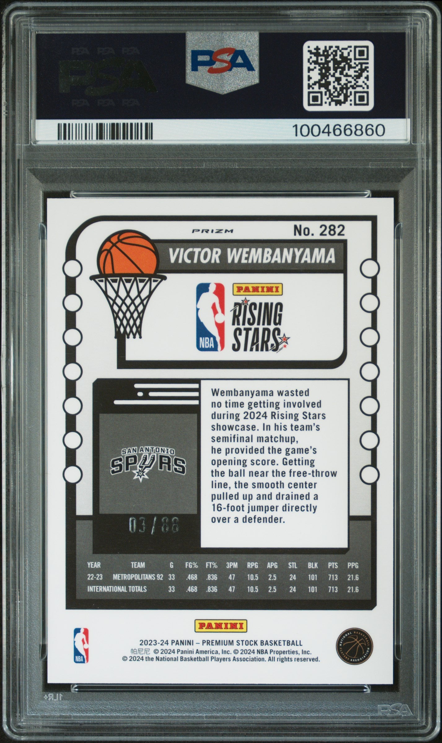 2023 Hoops Premium Stock Victor Wembanyama Red Prizm 03/88 PSA 9 RC
