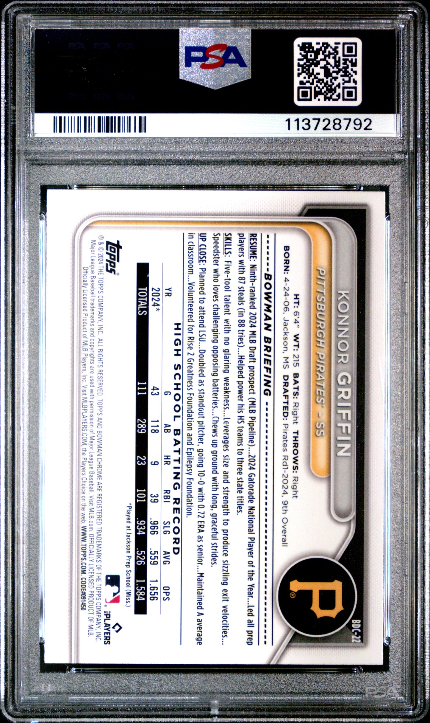 2024 Bowman Chrome Konnor Griffin Yellow Sapphire /75 PSA 9