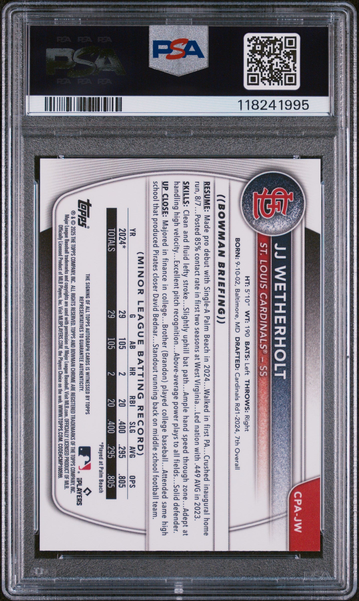 2025 Bowman Chrome JJ Wetherholt Auto PSA 9
