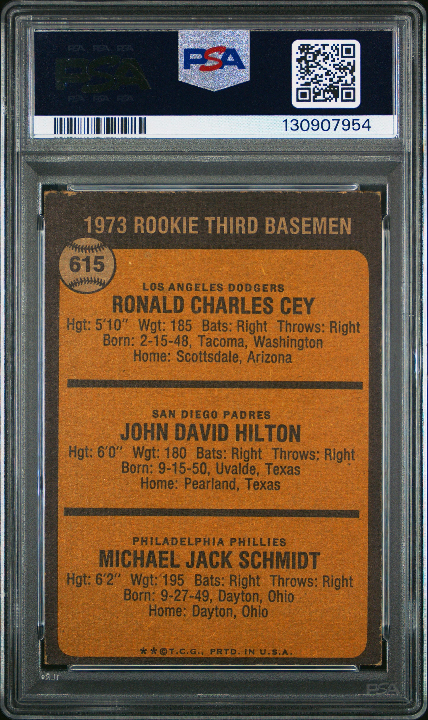 1973 Topps Rookie Third Basemen Ron Cey John Hilton Mike Schmidt #615 RC PSA 4