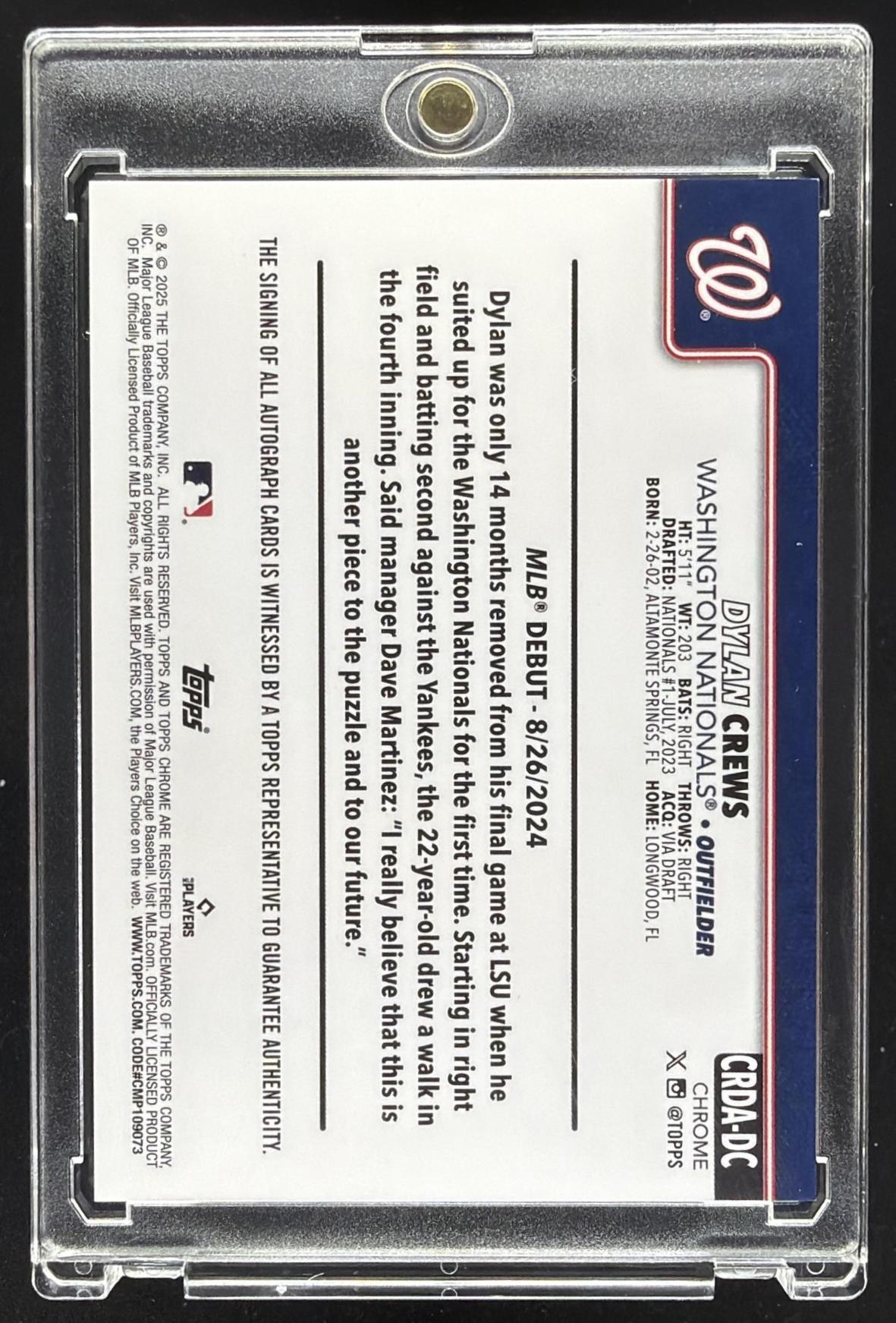 2025 Topps Chrome Update Dylan Crews #CRDA-DC Rookie Auto Blue Refractor /150 RC