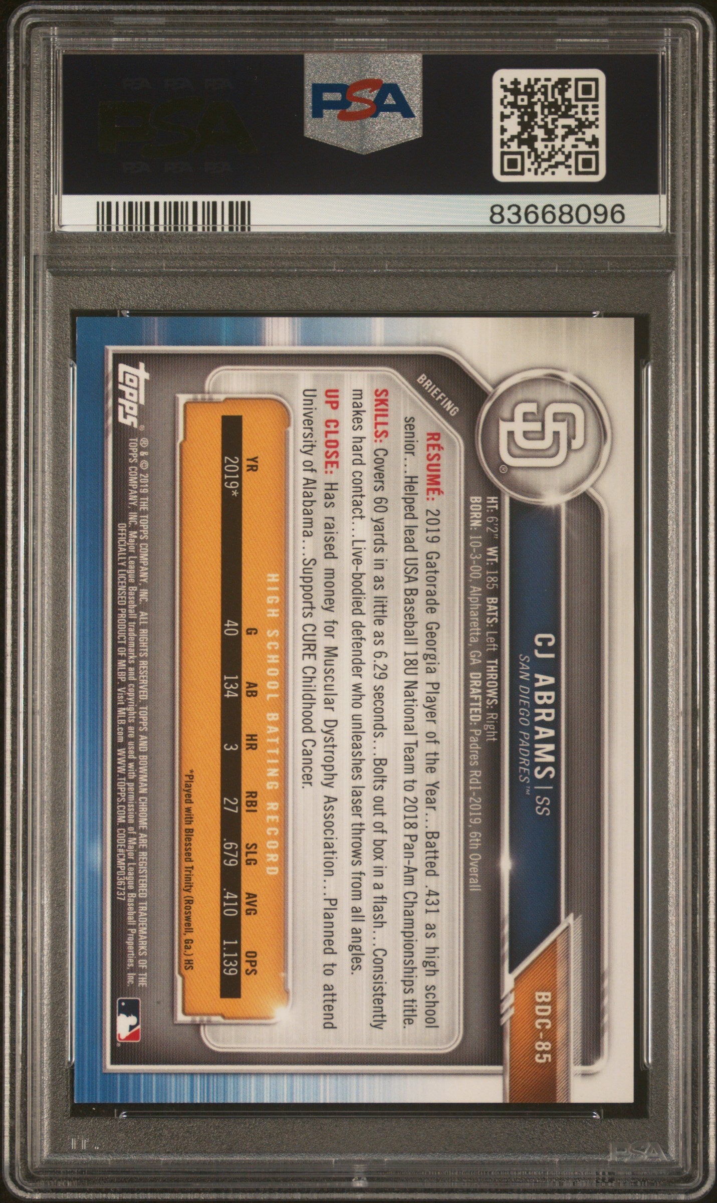 2019 Bowman Draft CJ Abrams Gold Refractor 04/50 PSA 9
