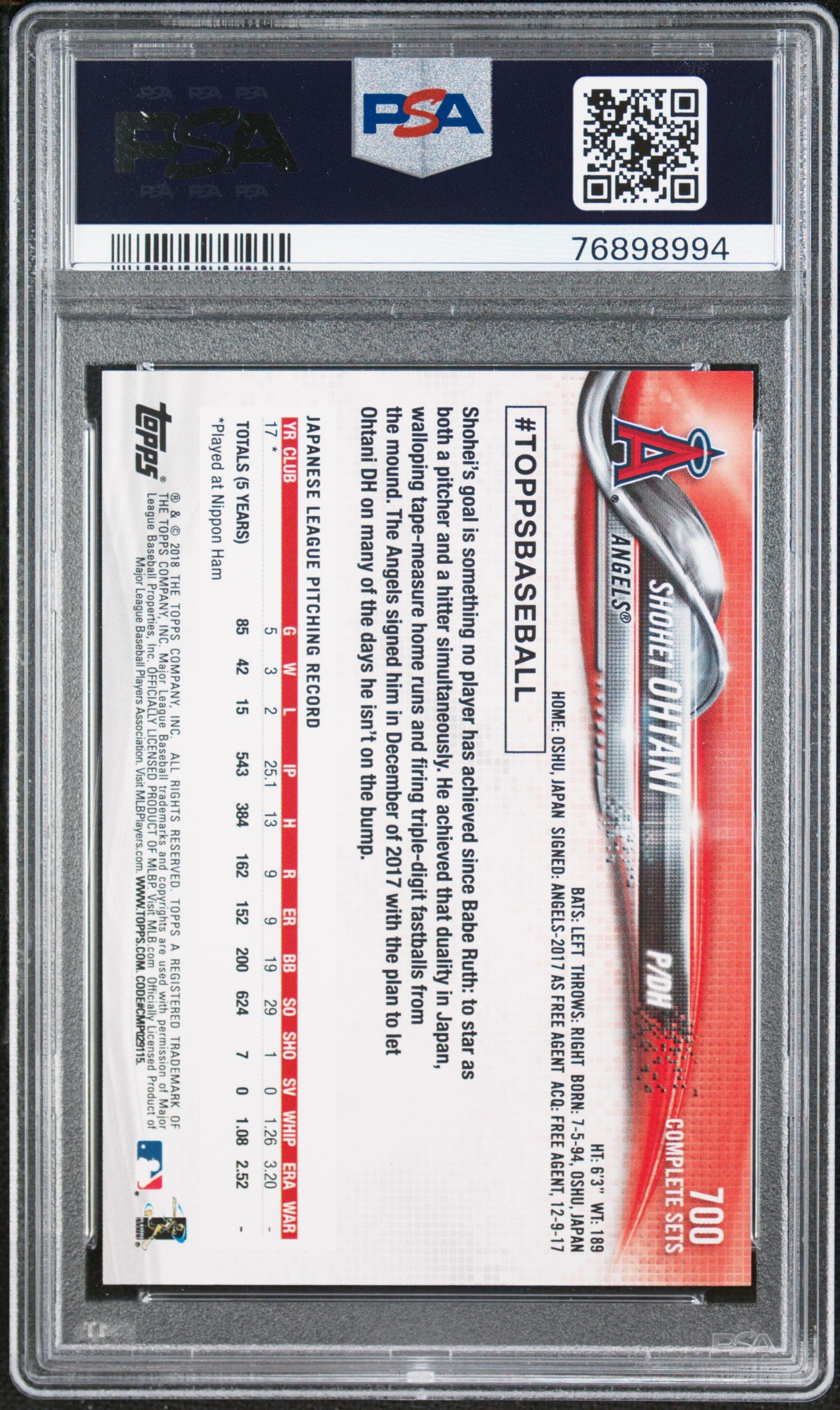 2018 Topps Complete Set Shohei Ohtani Rookie PSA 10