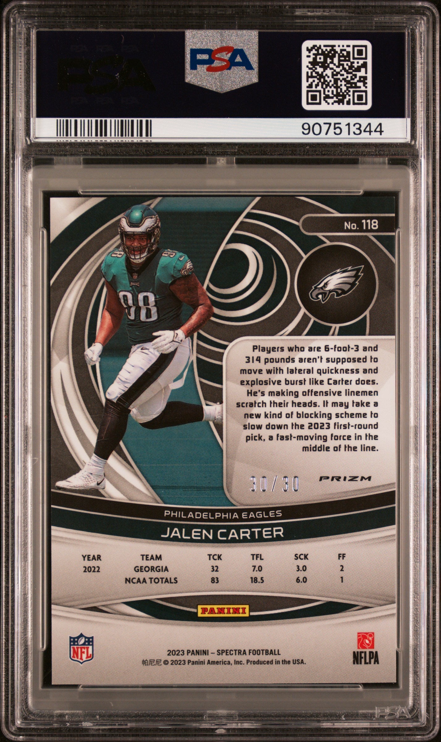 2023 Spectra Jalen Carter Spectris Rookie 30/30 PSA 10