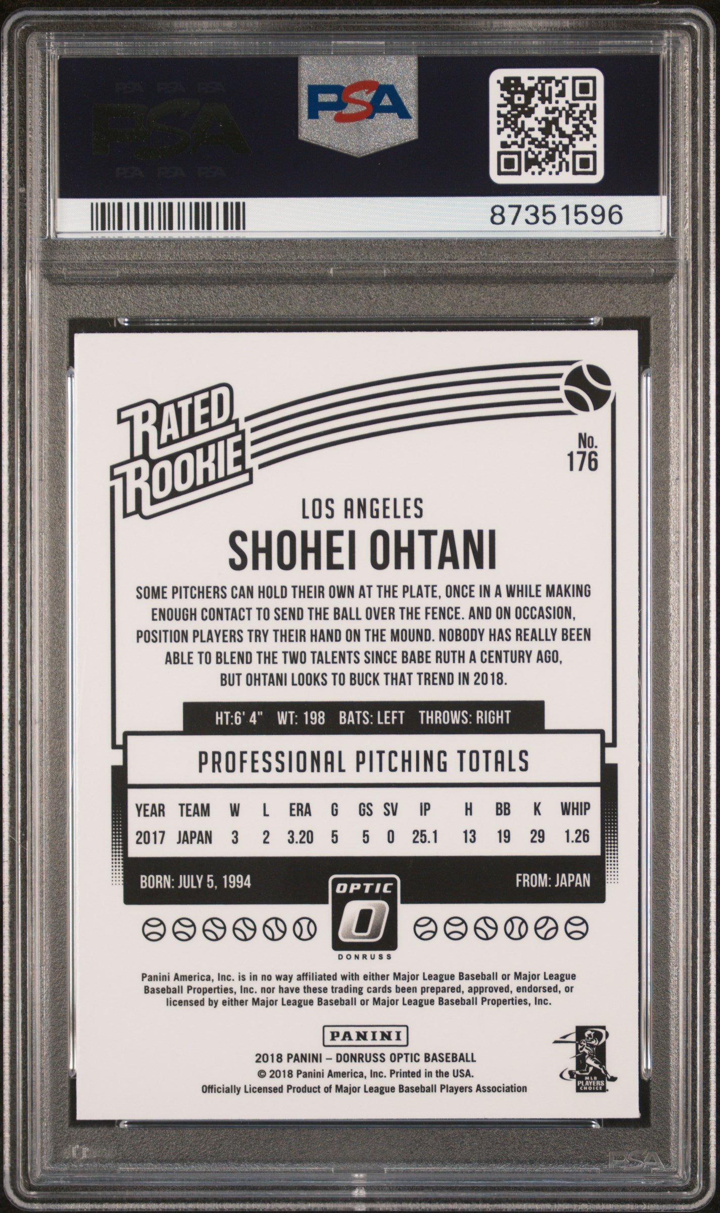 2018 Optic Shohei Ohtani PSA 10 RC