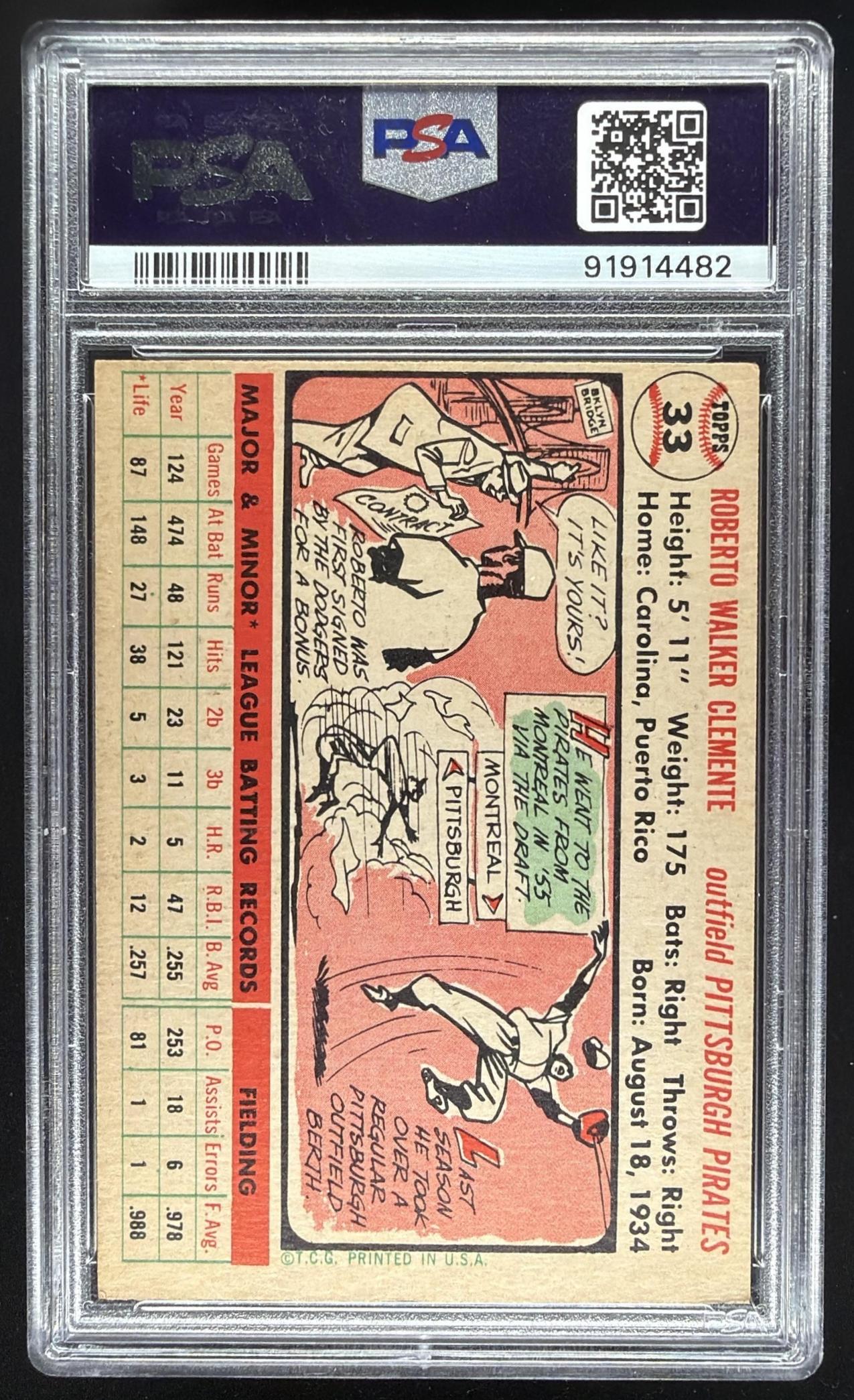 1956 Topps Roberto Clemente #33 White Back PSA 5