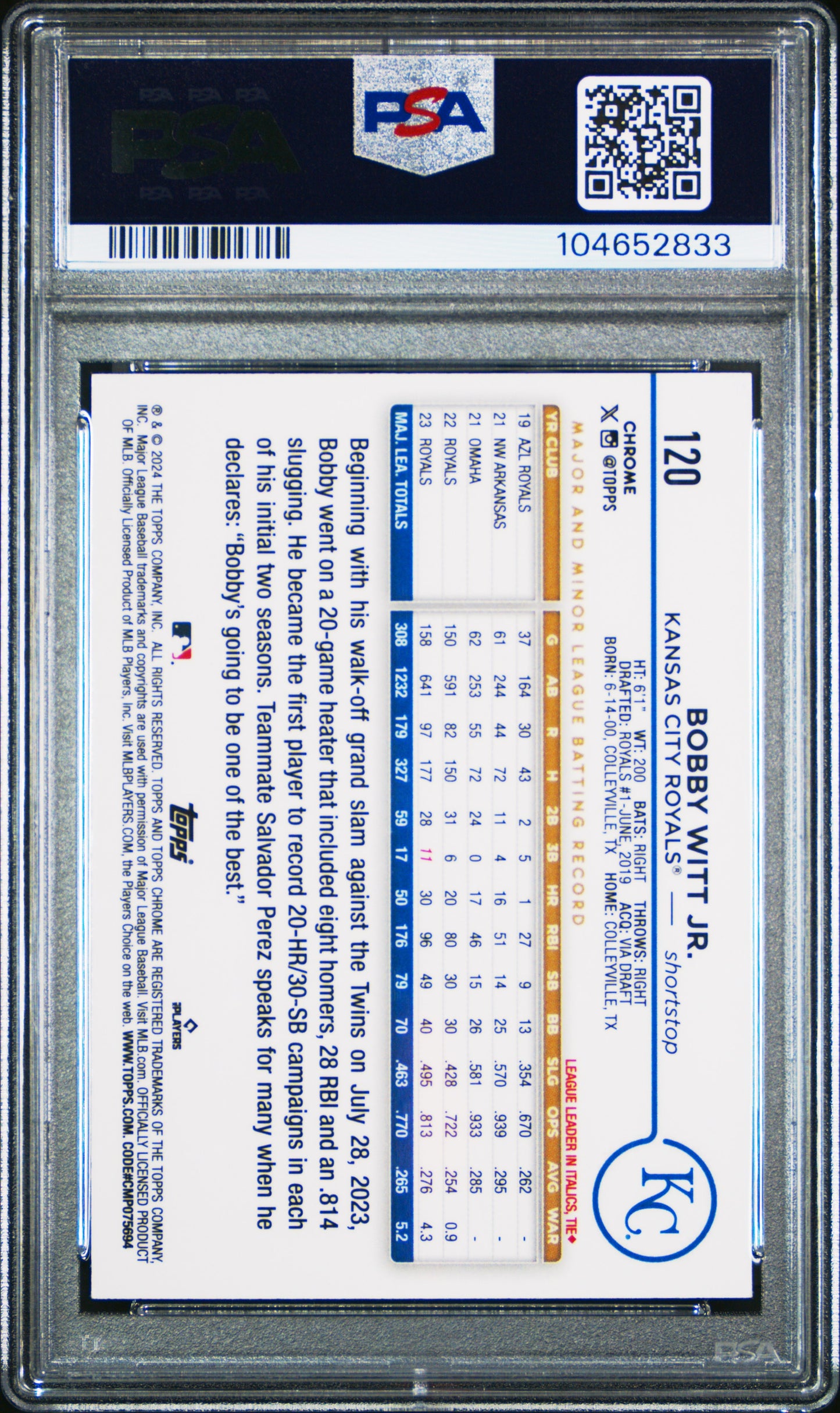 2024 Topps Chrome Bobby Witt Jr. Green Wave 82/99 PSA 10