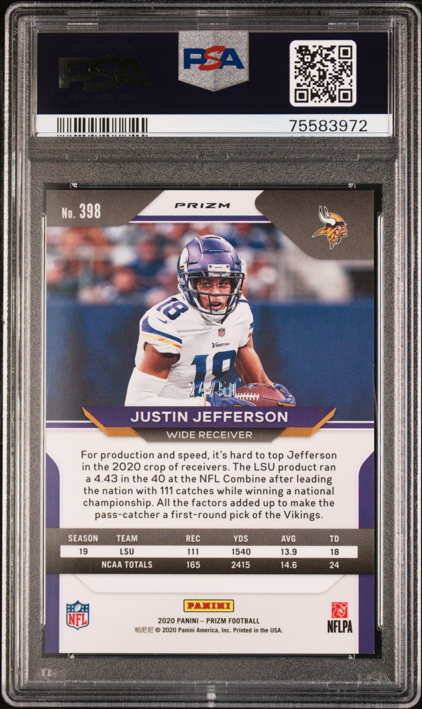 2020 Prizm Justin Jefferson Red Disco Rookie /50 PSA 9