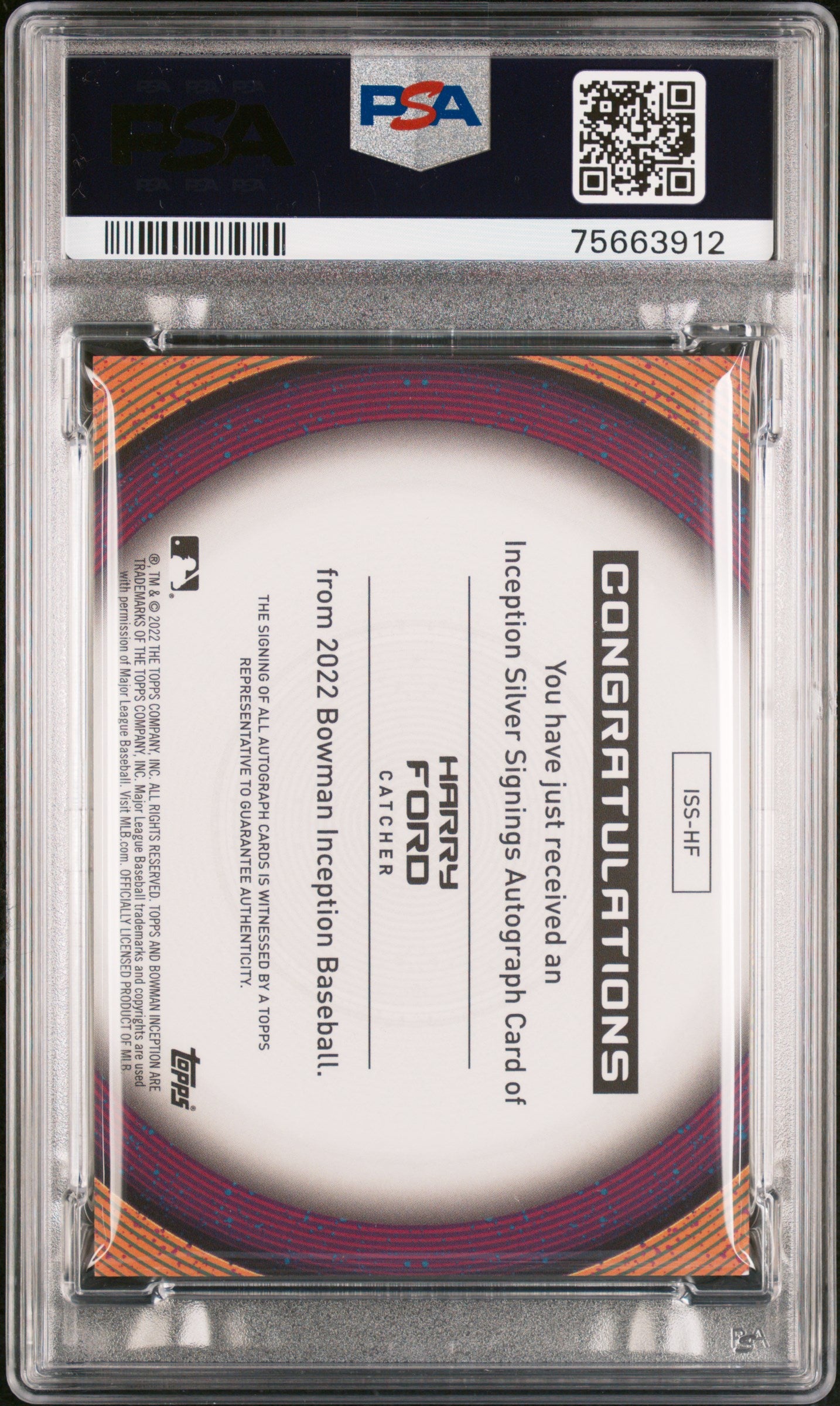 2022 Bowman Inception Harry Ford Silver Signings Auto 022/100 PSA 10