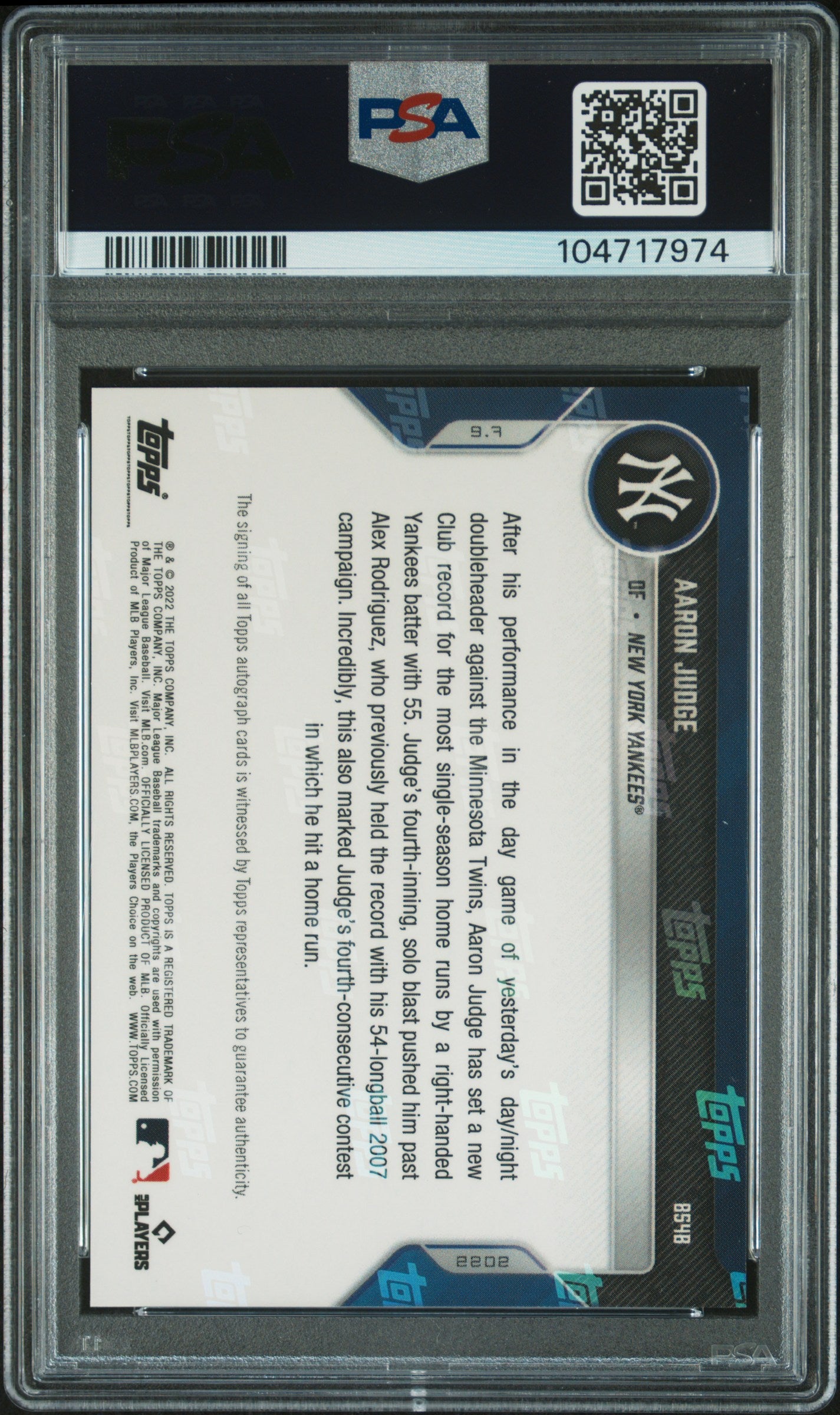 2022 Topps Now Aaron Judge Blue Auto /49 PSA 10/10