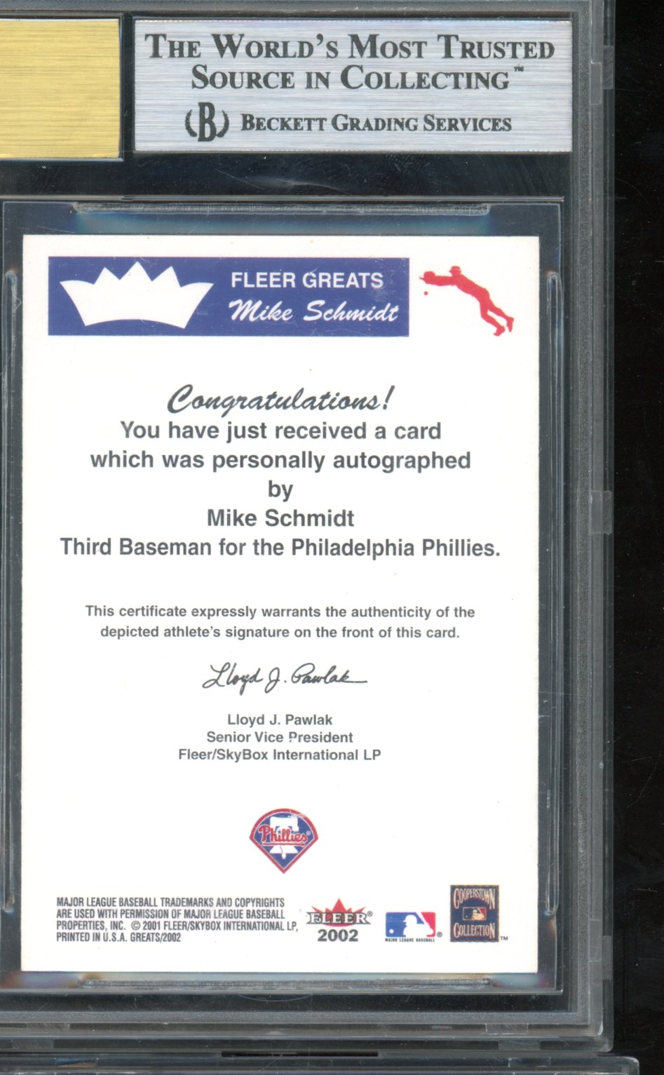 2002 Greats Of The Game Mike Schmidt Auto BGS 9/9