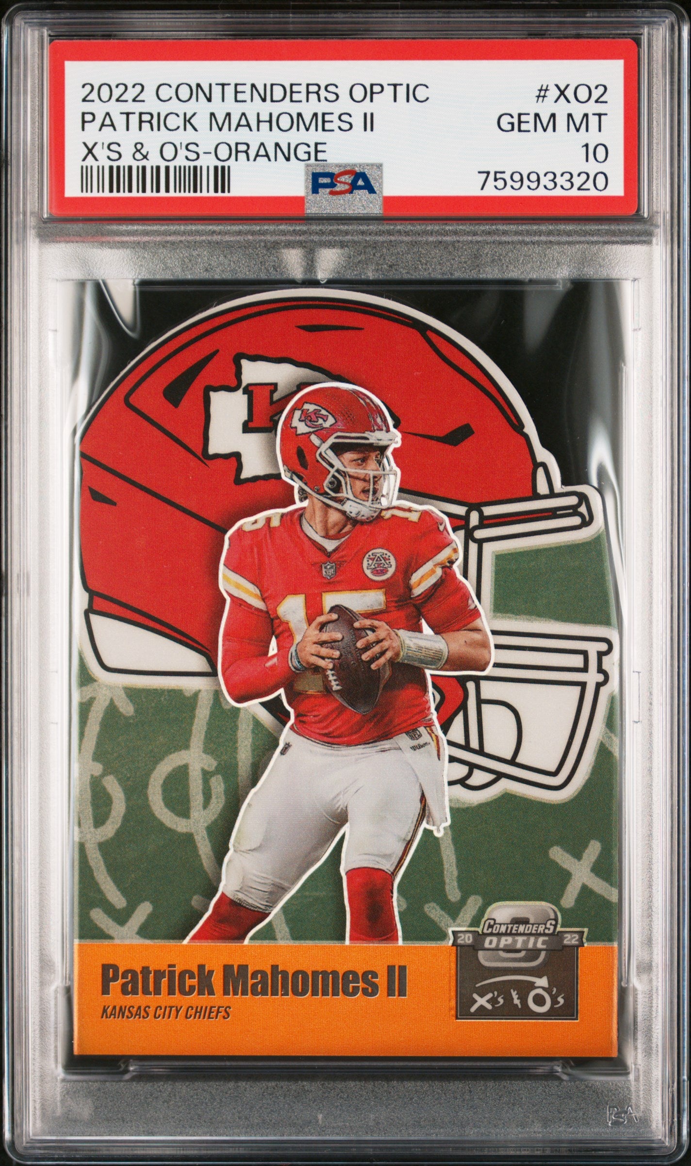 2022 Contenders Optic Patrick Mahomes X's & O's Orange 15/50 PSA 10 Jersey #
