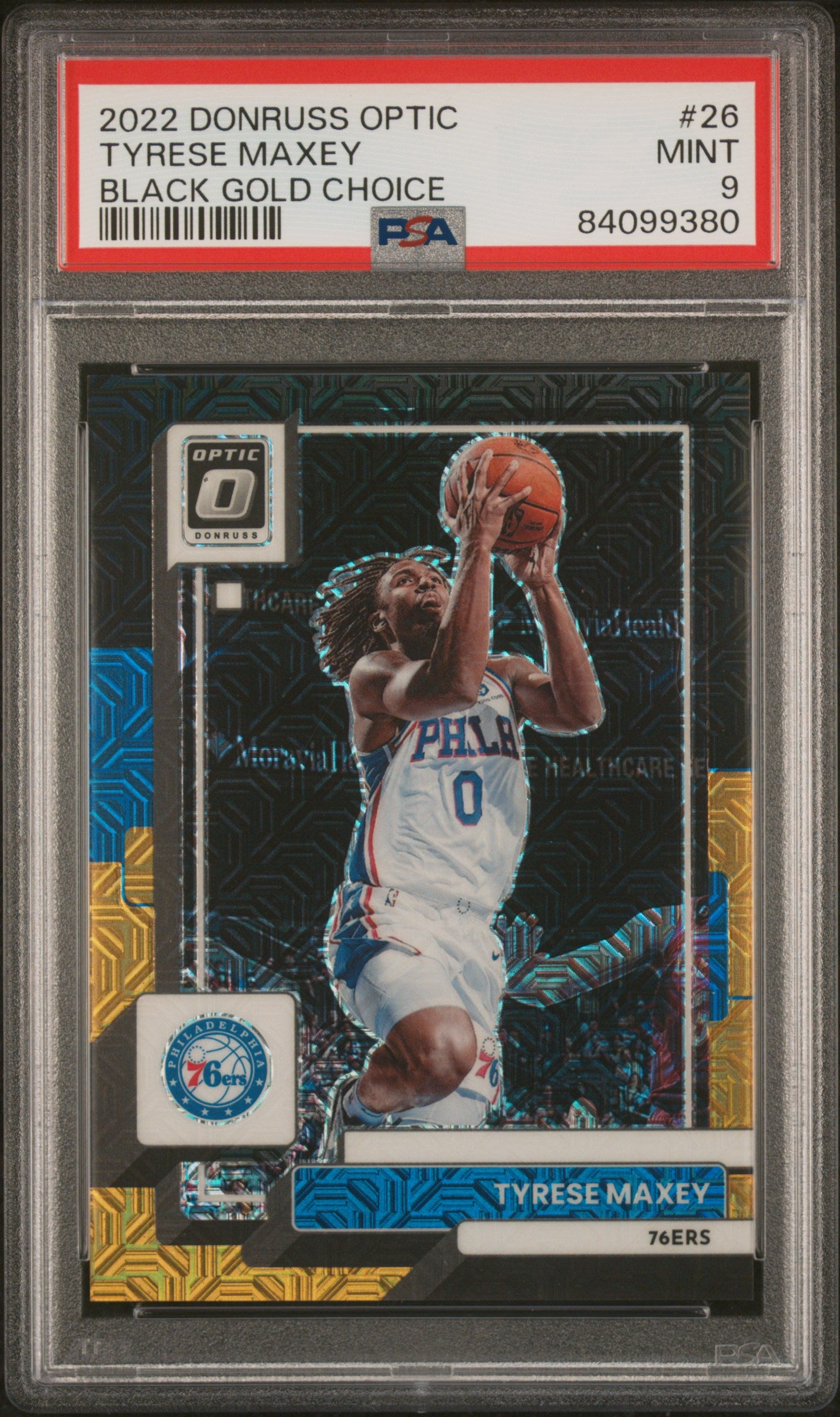 2022 Optic Tyrese Maxey Black Gold Choice /8 PSA 9