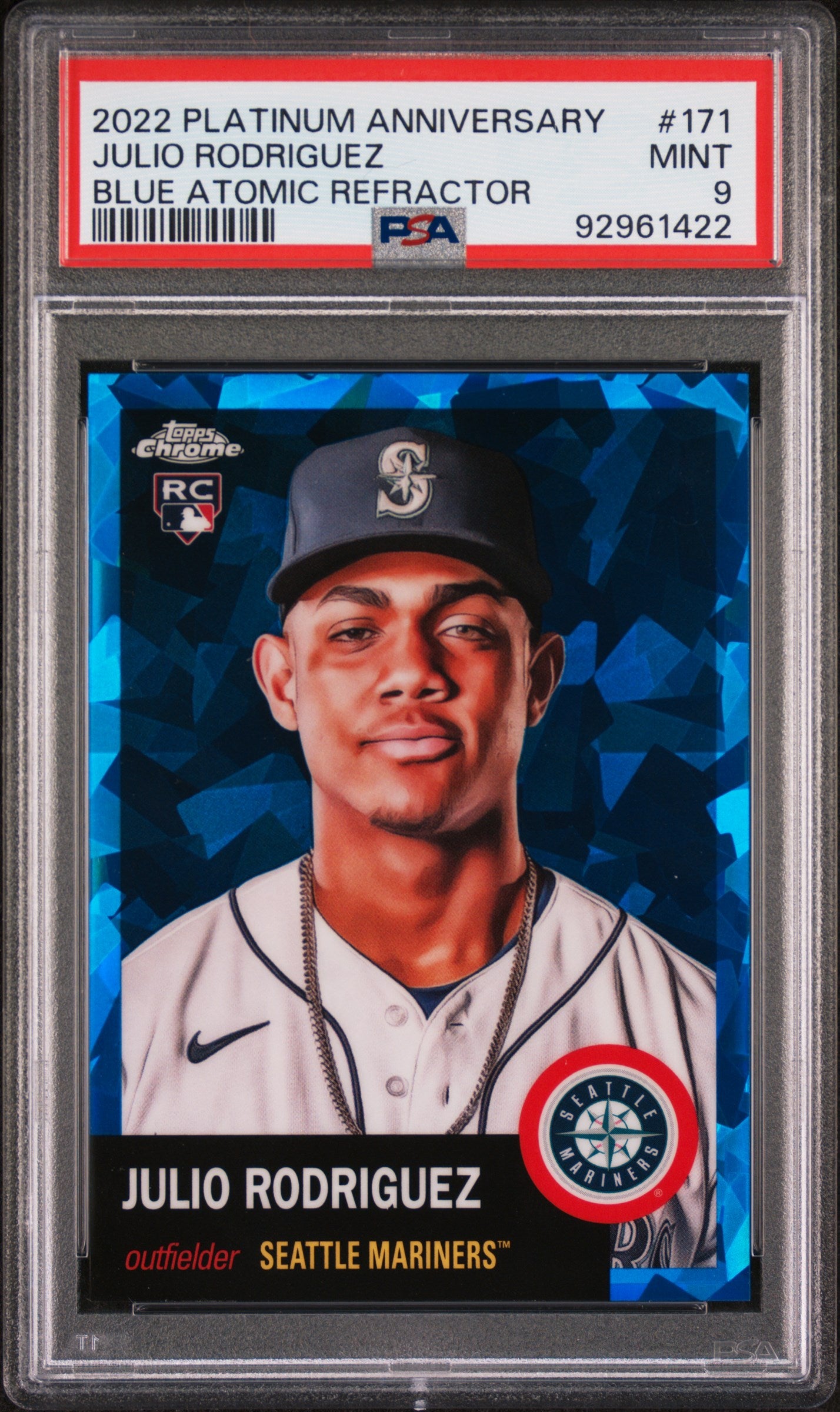 2022 Platinum Anniversary Julio Rodriguez Blue Atomic Refractor 005/100 PSA 9 RC