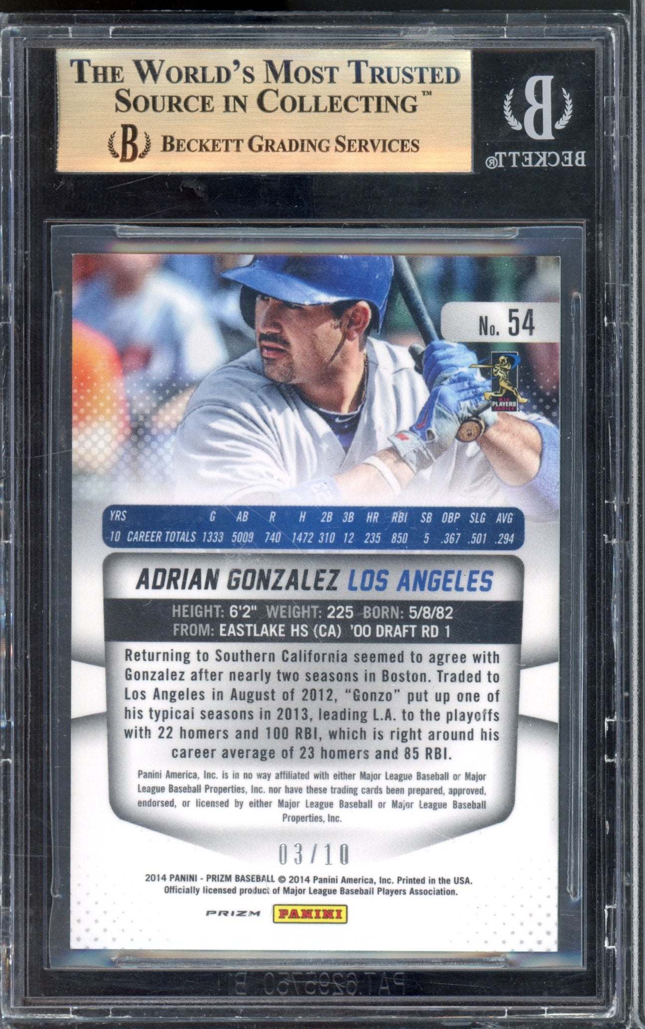 2014 Prizm Adrian Gonzalez Gold 03/10 BGS 9.5
