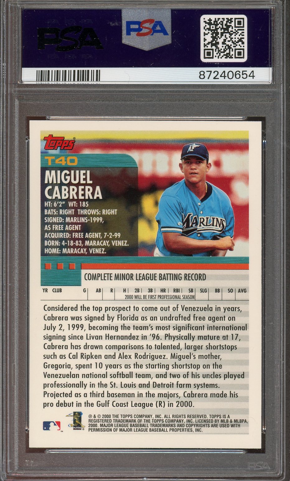2000 Topps Traded Miguel Cabrera #T40 PSA 9 RC