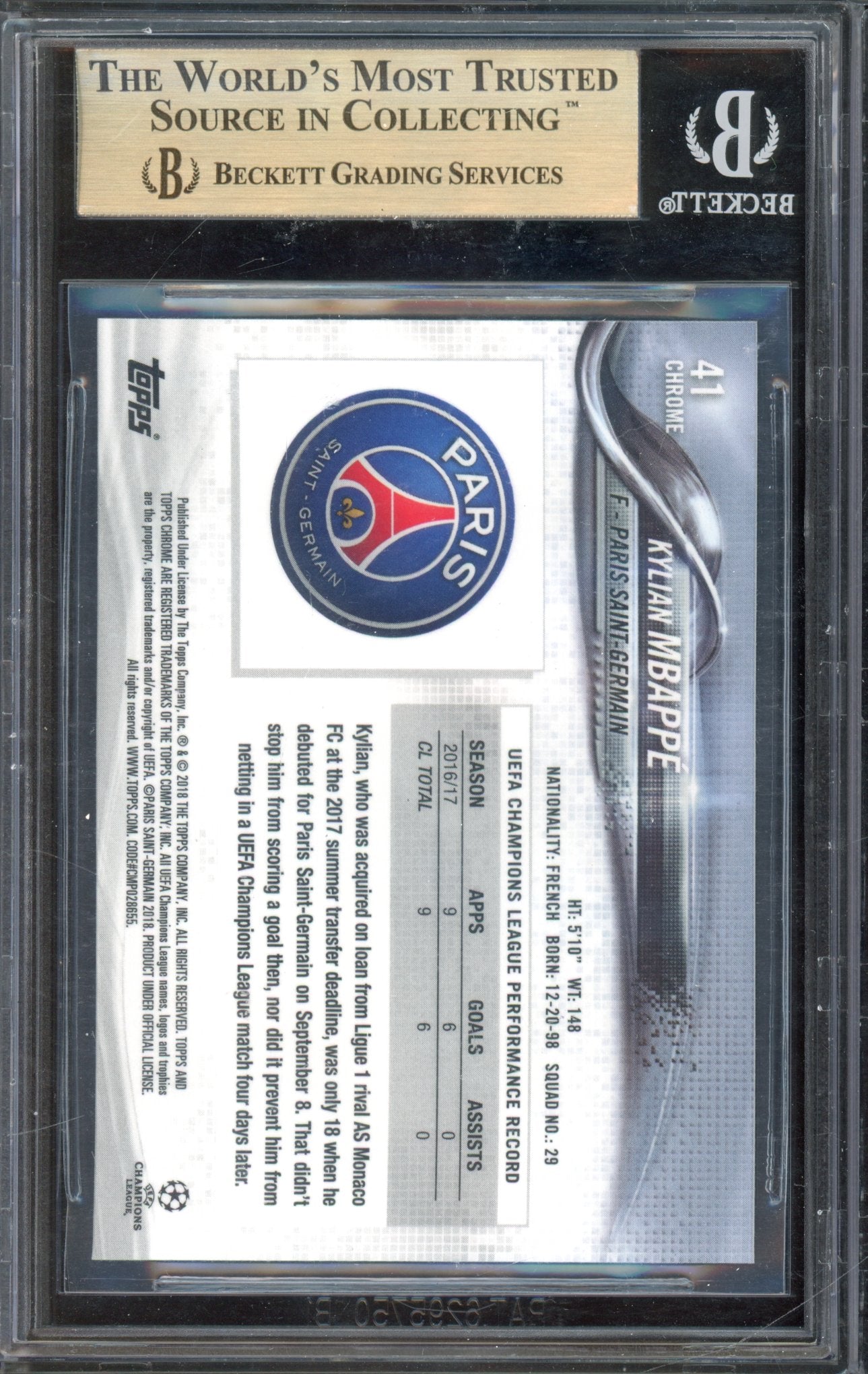 2017 Topps Chrome Kylian Mbappe BGS 9.5 RC