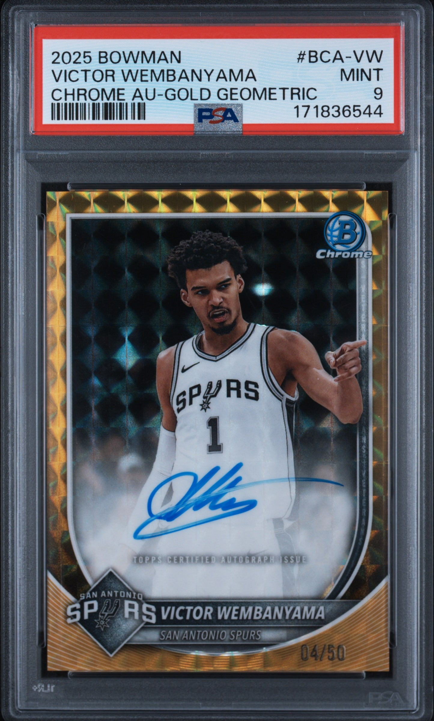 2025-26 Bowman Victor Wembanyama #BCA-VW Chrome Auto Gold Geometric Refractor 4/50 PSA 9