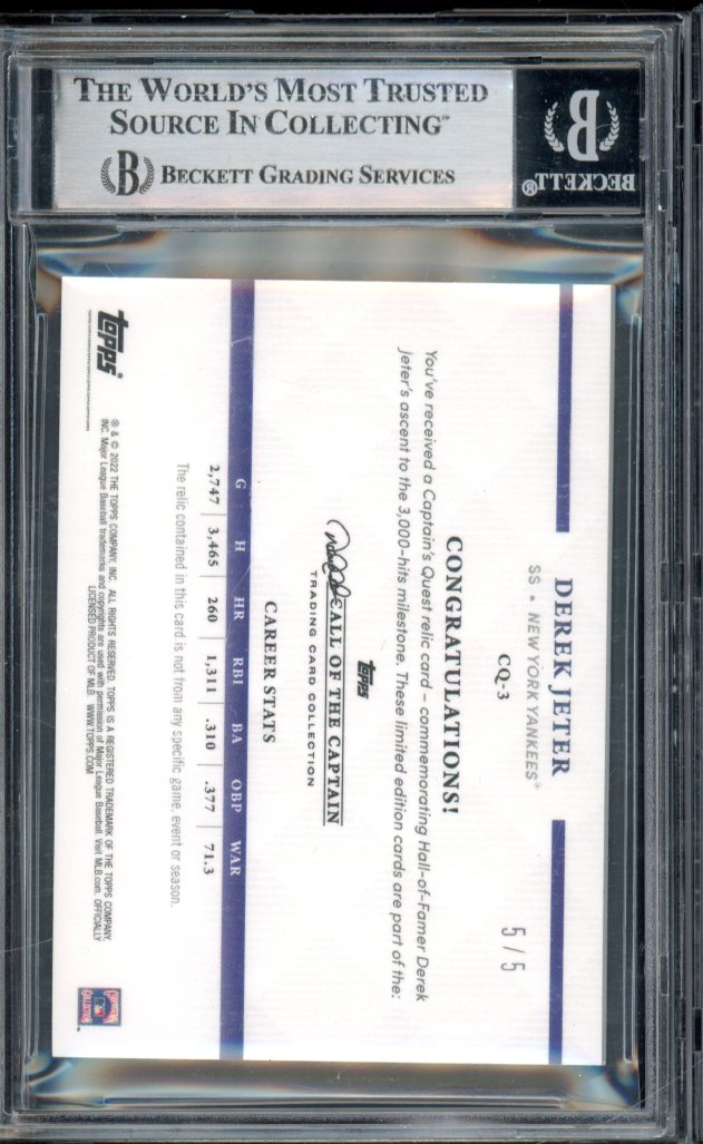 2022 Topps Derek Jeter Call Of The Captain's Quest 5/5 BGS 9
