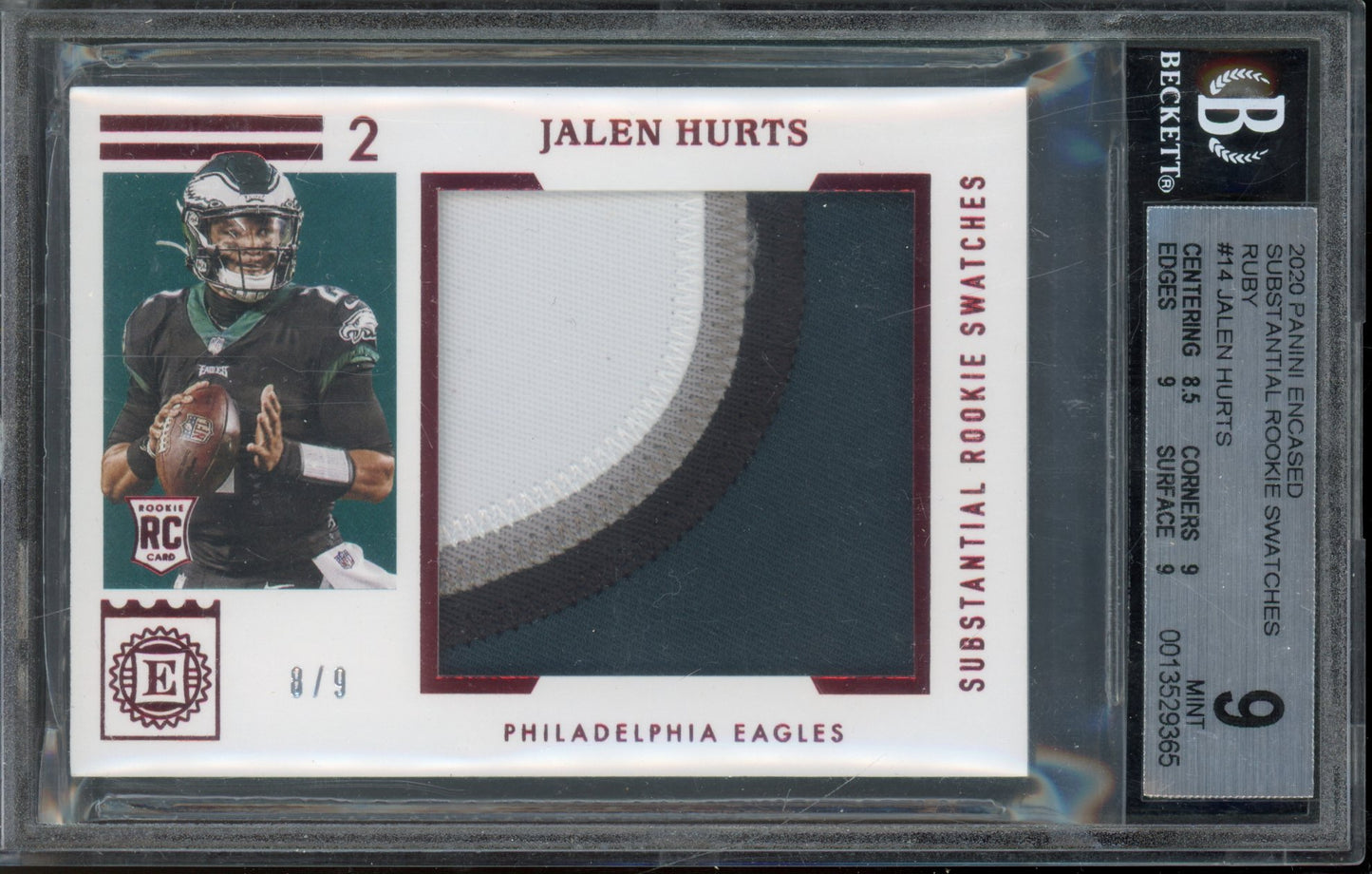 2020 Encased Jalen Hurts Jumbo patch 8/9 BGS 9 RC